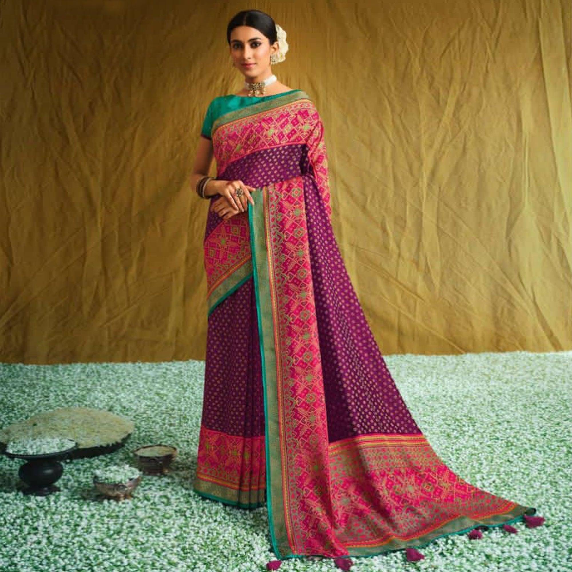 Purple Partywear Weaving Resham Work Brasso Saree - Peachmode