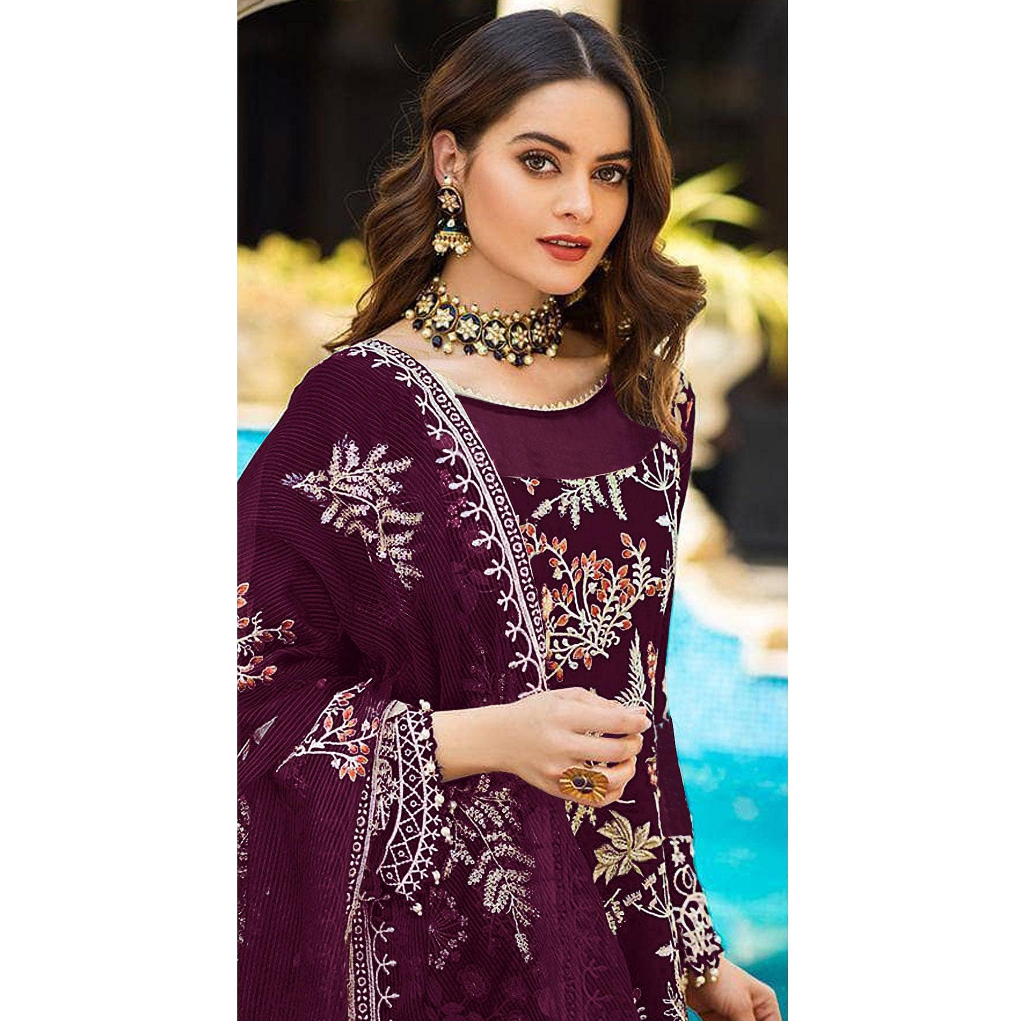 Purple Partywear Women's Floral Embroidered Georgette Semi-Stitched Pakistani Suit - Peachmode