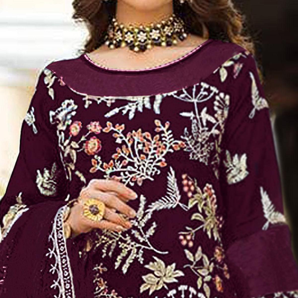 Purple Partywear Women's Floral Embroidered Georgette Semi-Stitched Pakistani Suit - Peachmode