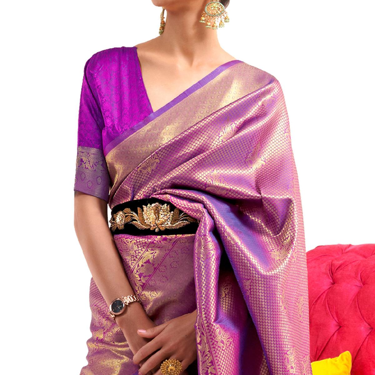 Purple Partywear Woven Handloom Silk Saree - Peachmode