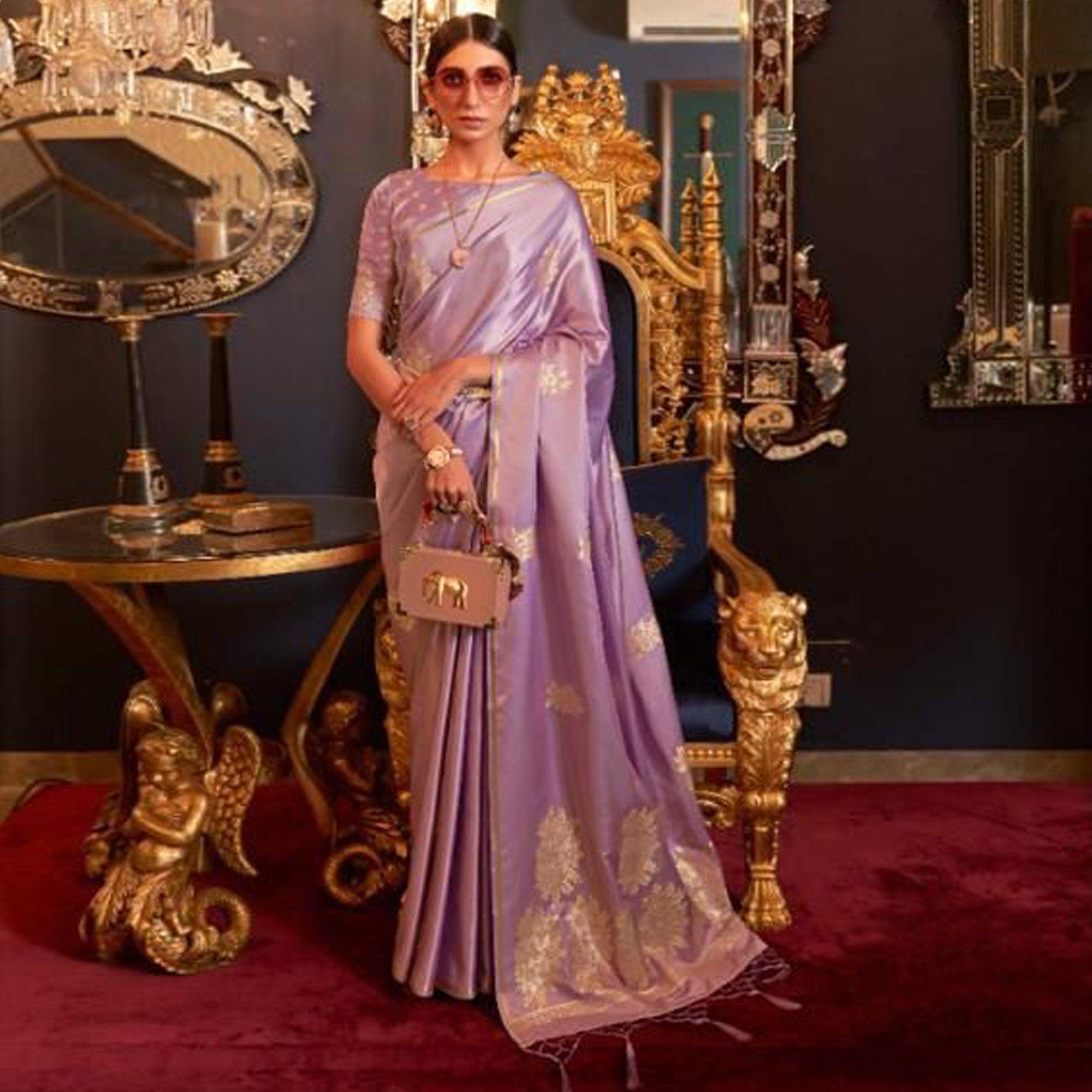 Purple Partywear Woven Satin Saree - Peachmode