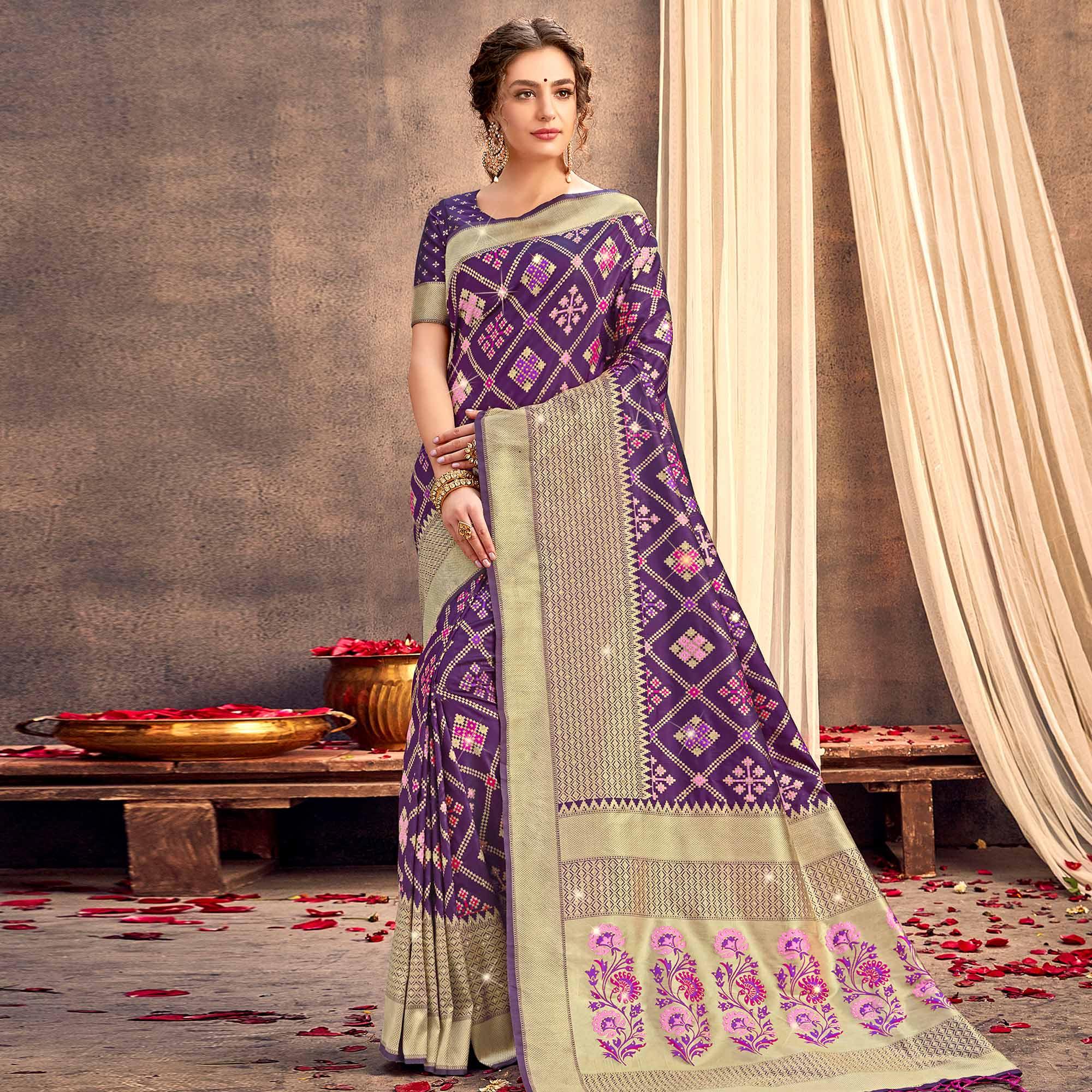 Purple Partywear Woven with Zaalar & Hand Stone Work Banarasi Silk Saree - Peachmode