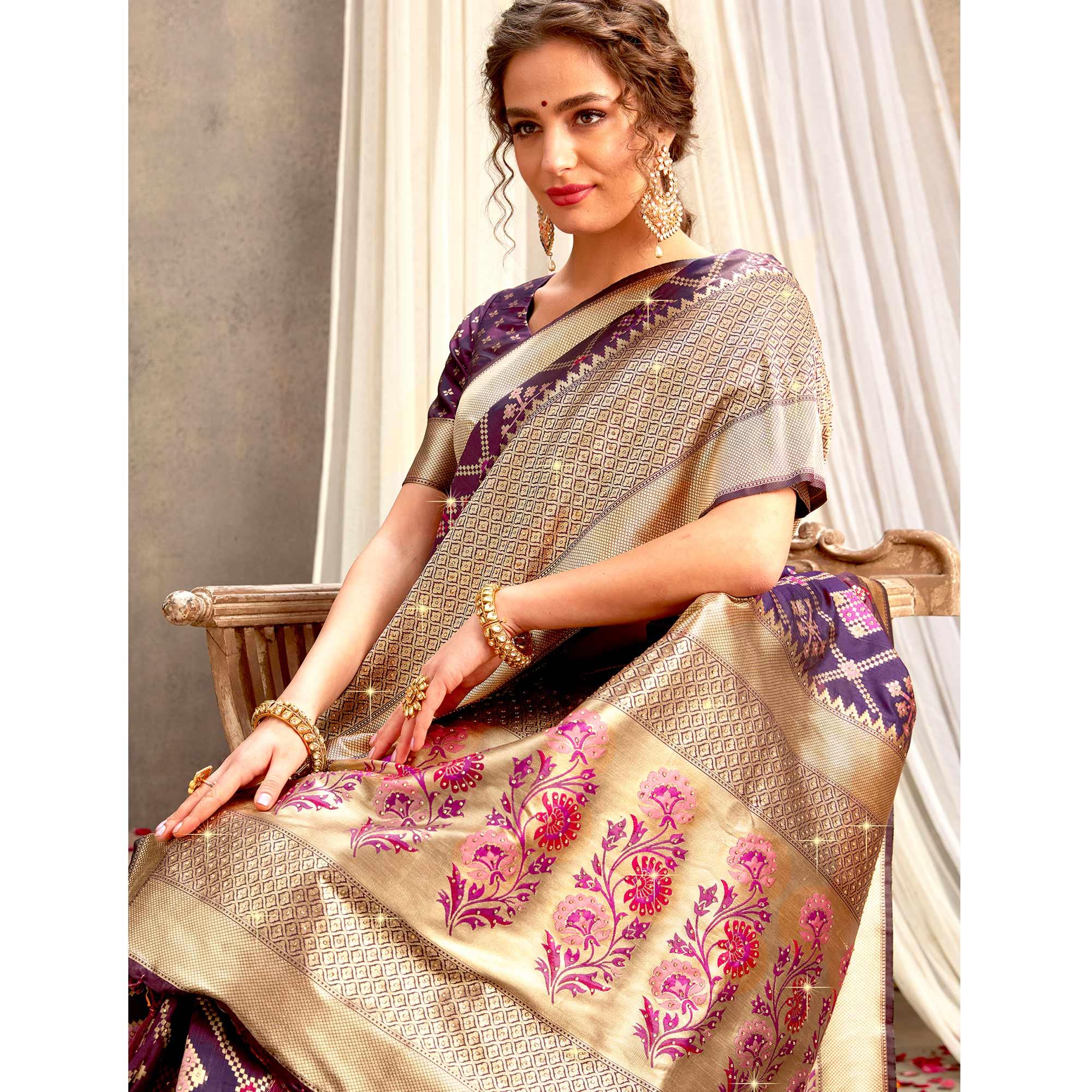 Purple Partywear Woven with Zaalar & Hand Stone Work Banarasi Silk Saree - Peachmode