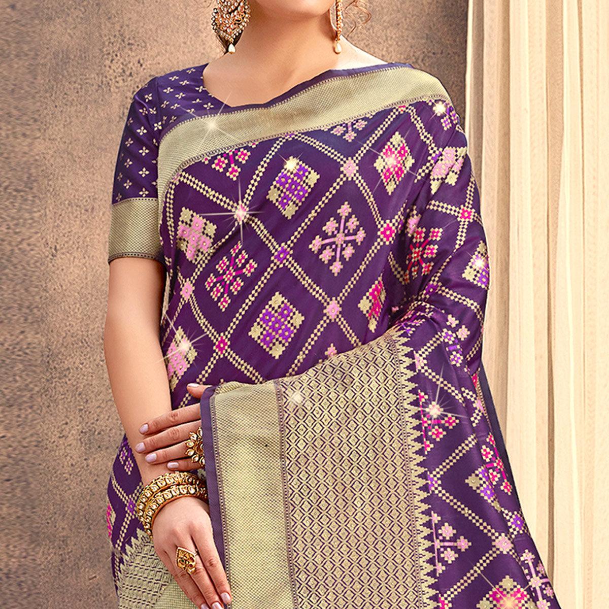 Purple Partywear Woven with Zaalar & Hand Stone Work Banarasi Silk Saree - Peachmode