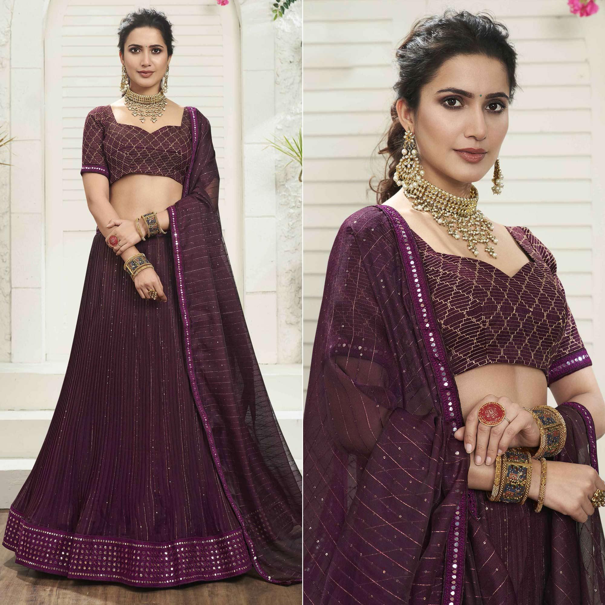 Purple Partywear Zari Sequence Embroidered Organza Lehenga Choli - Peachmode