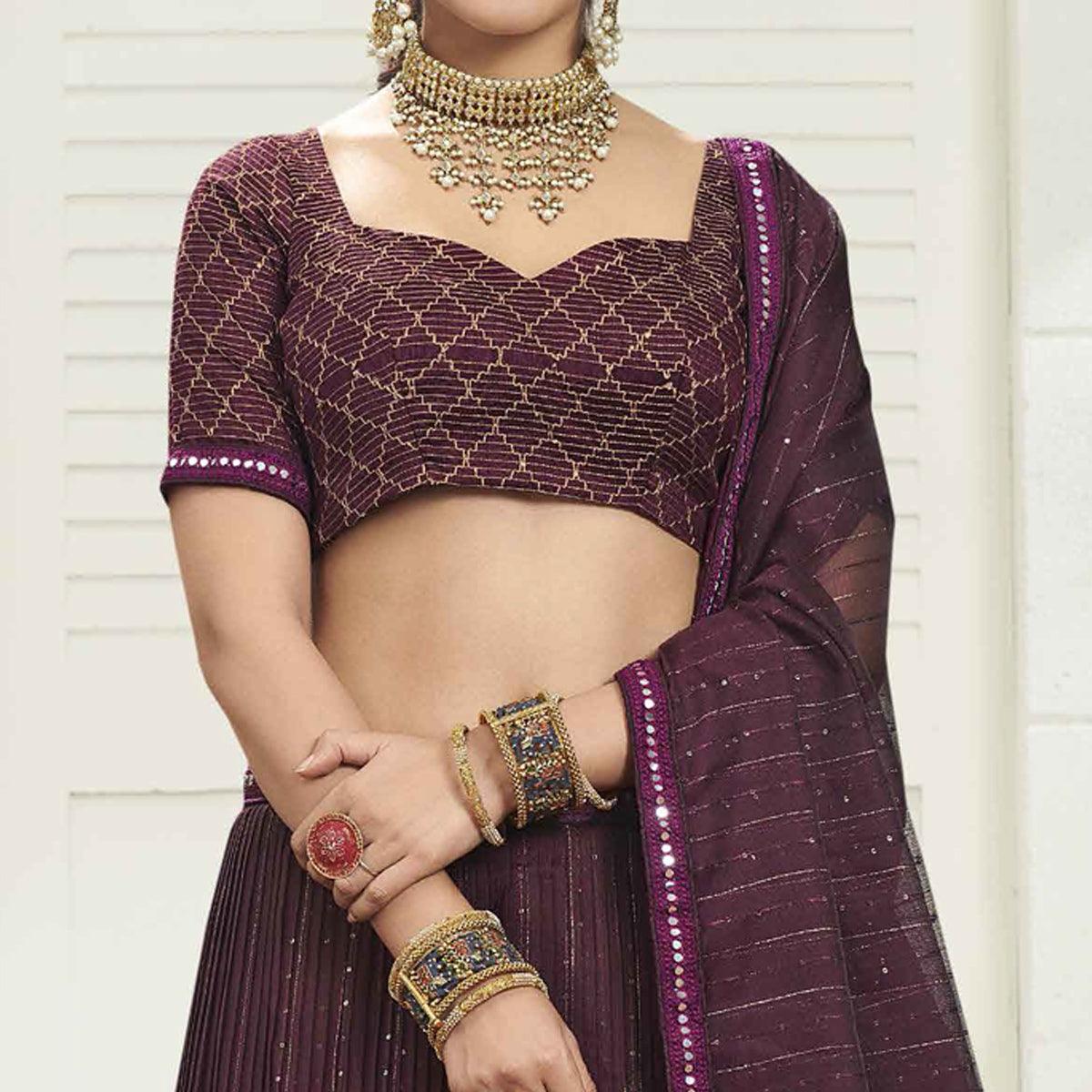 Purple Partywear Zari Sequence Embroidered Organza Lehenga Choli - Peachmode