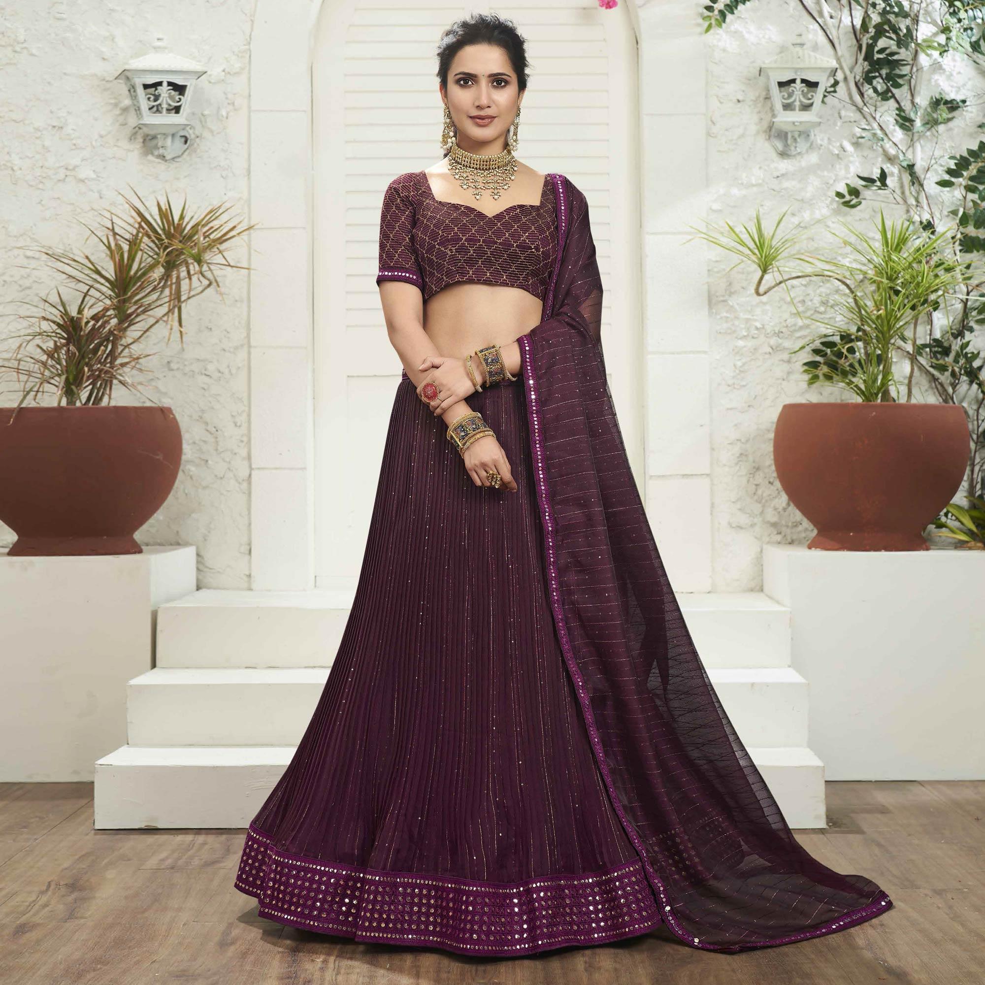 Purple Partywear Zari Sequence Embroidered Organza Lehenga Choli - Peachmode