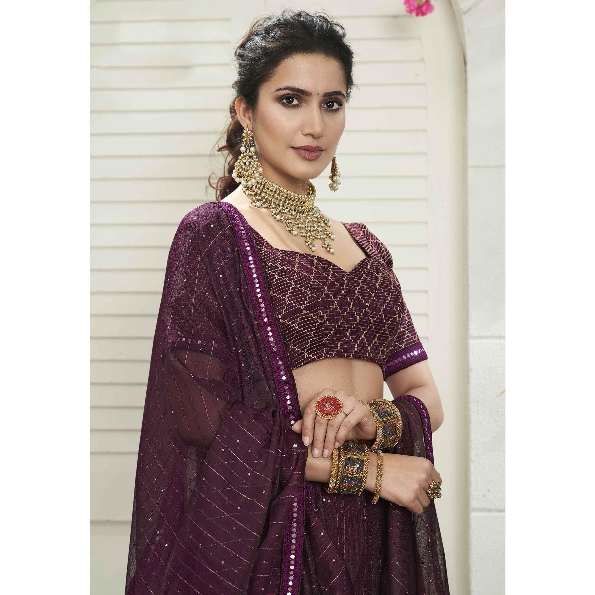 Purple Partywear Zari Sequence Embroidered Organza Lehenga Choli - Peachmode