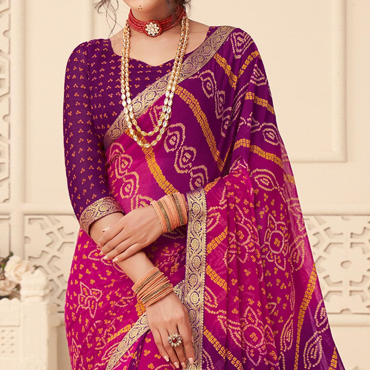 Purple-Pink Bandhani Printed Chiffon Saree With Tassels - Peachmode