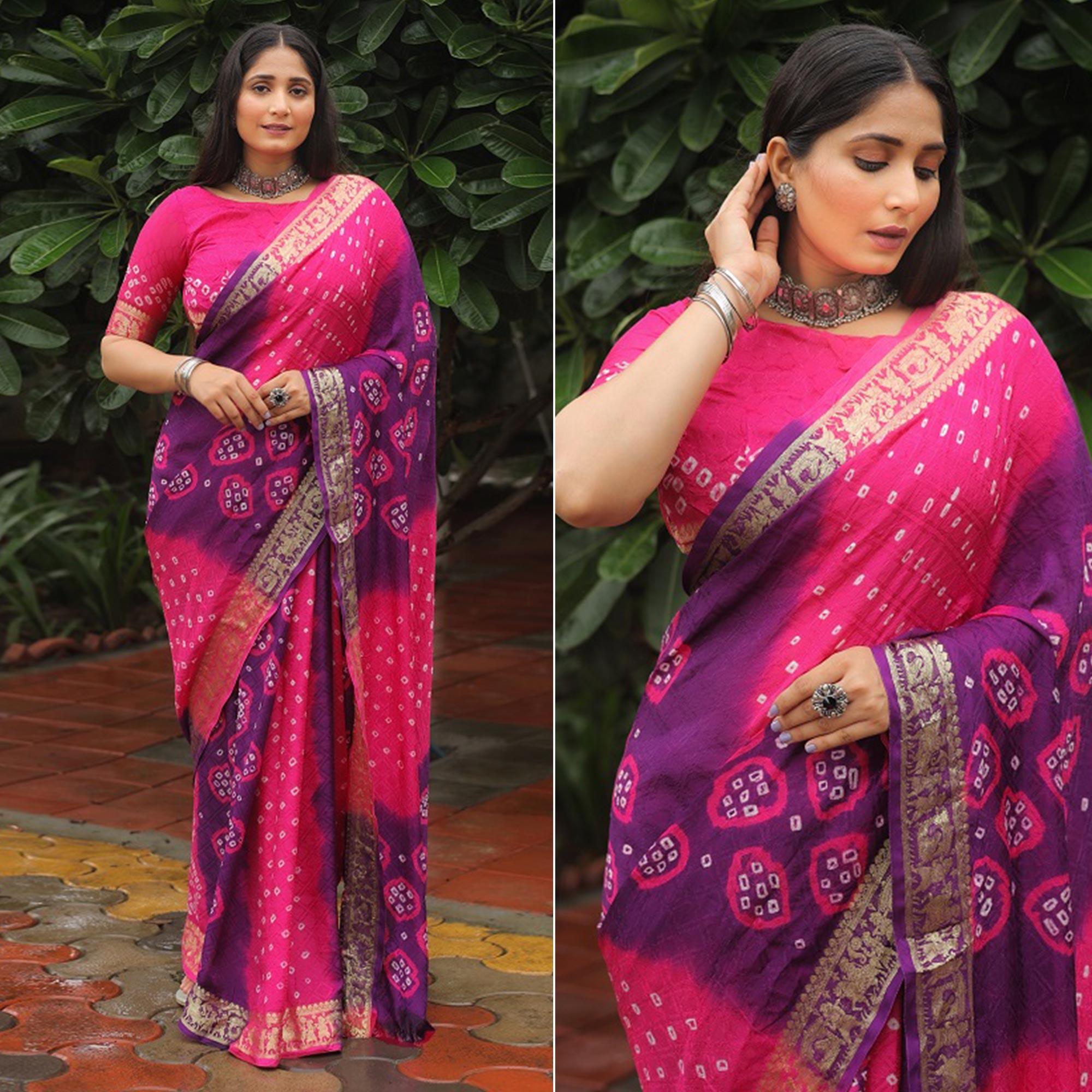 Purple-Pink Bandhani Printed With Woven Border Art Silk Saree - Peachmode