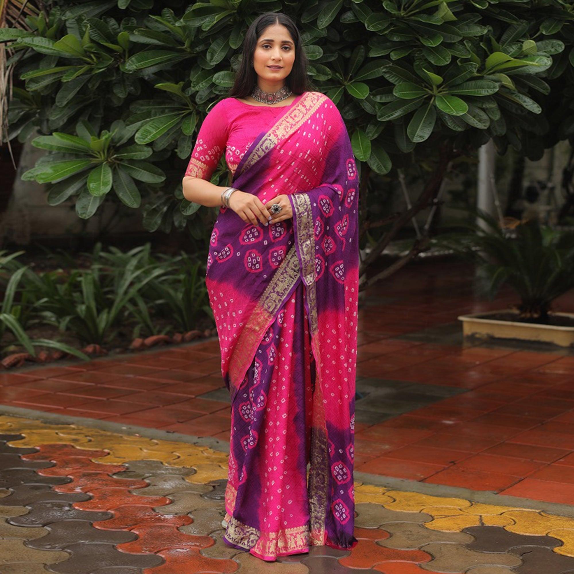 Purple-Pink Bandhani Printed With Woven Border Art Silk Saree - Peachmode