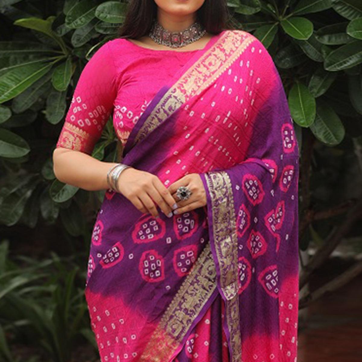 Purple-Pink Bandhani Printed With Woven Border Art Silk Saree - Peachmode