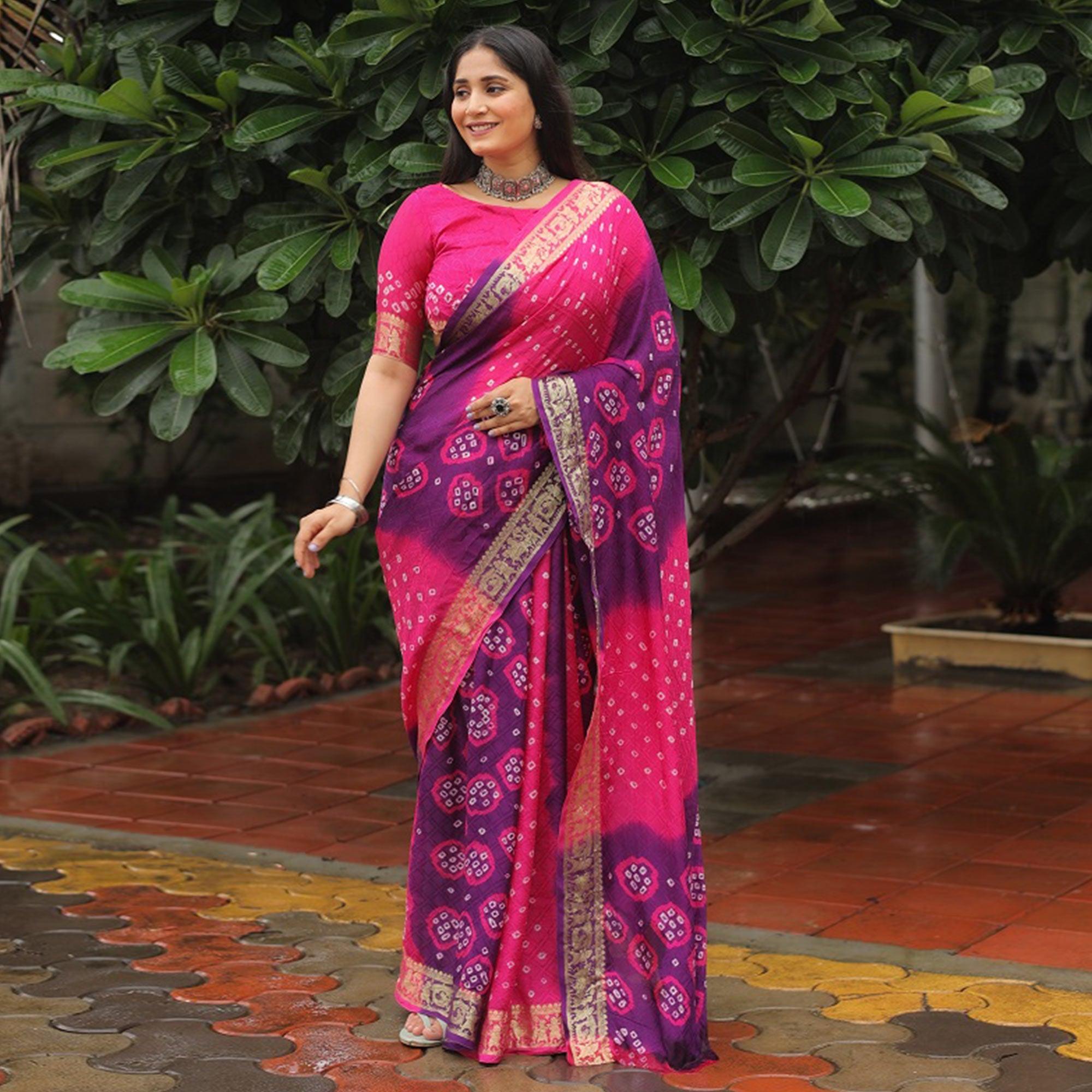 Purple-Pink Bandhani Printed With Woven Border Art Silk Saree - Peachmode