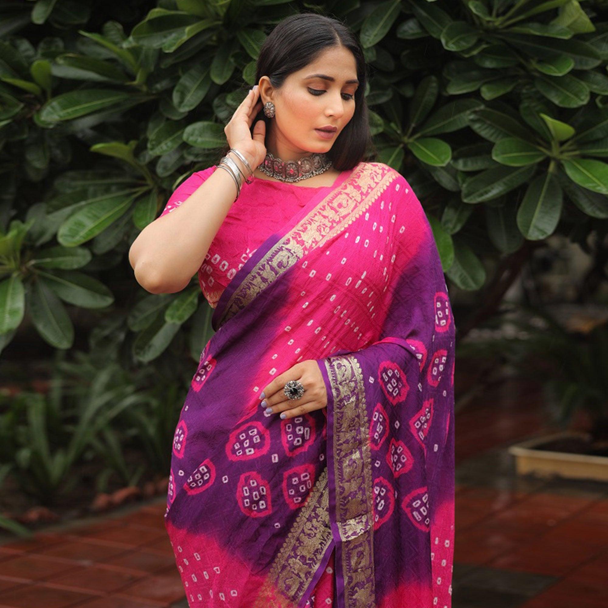 Purple-Pink Bandhani Printed With Woven Border Art Silk Saree - Peachmode