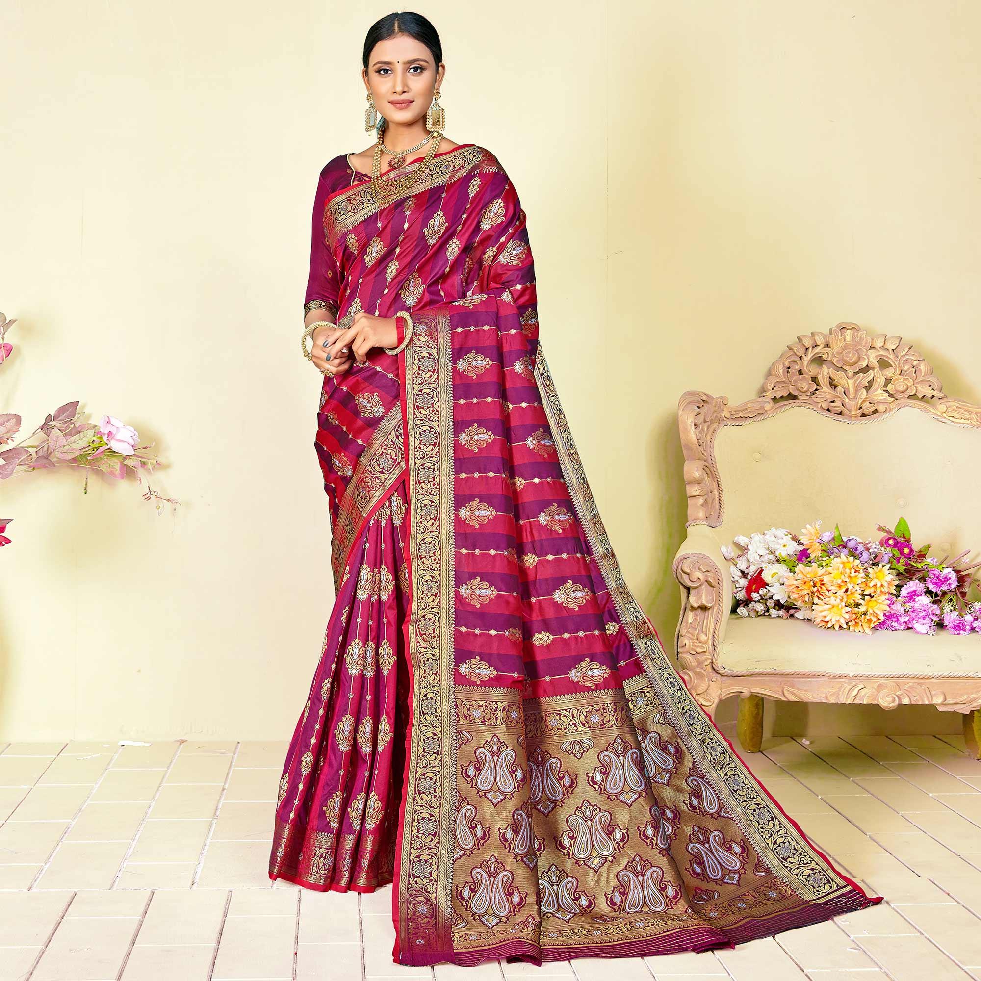 Purple - Pink Festive Wear Woven Handloom Paithani Silk Saree - Peachmode