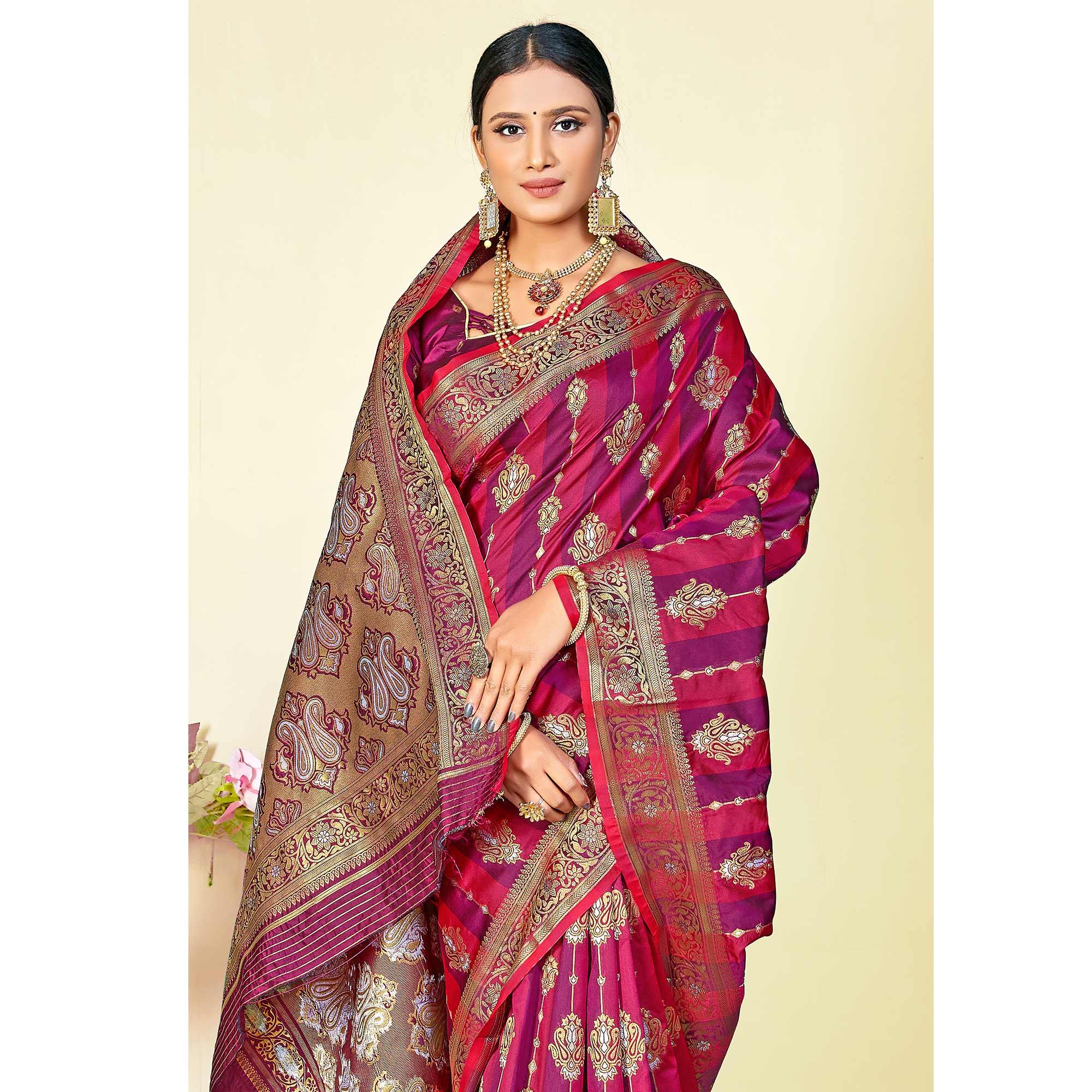 Purple - Pink Festive Wear Woven Handloom Paithani Silk Saree - Peachmode