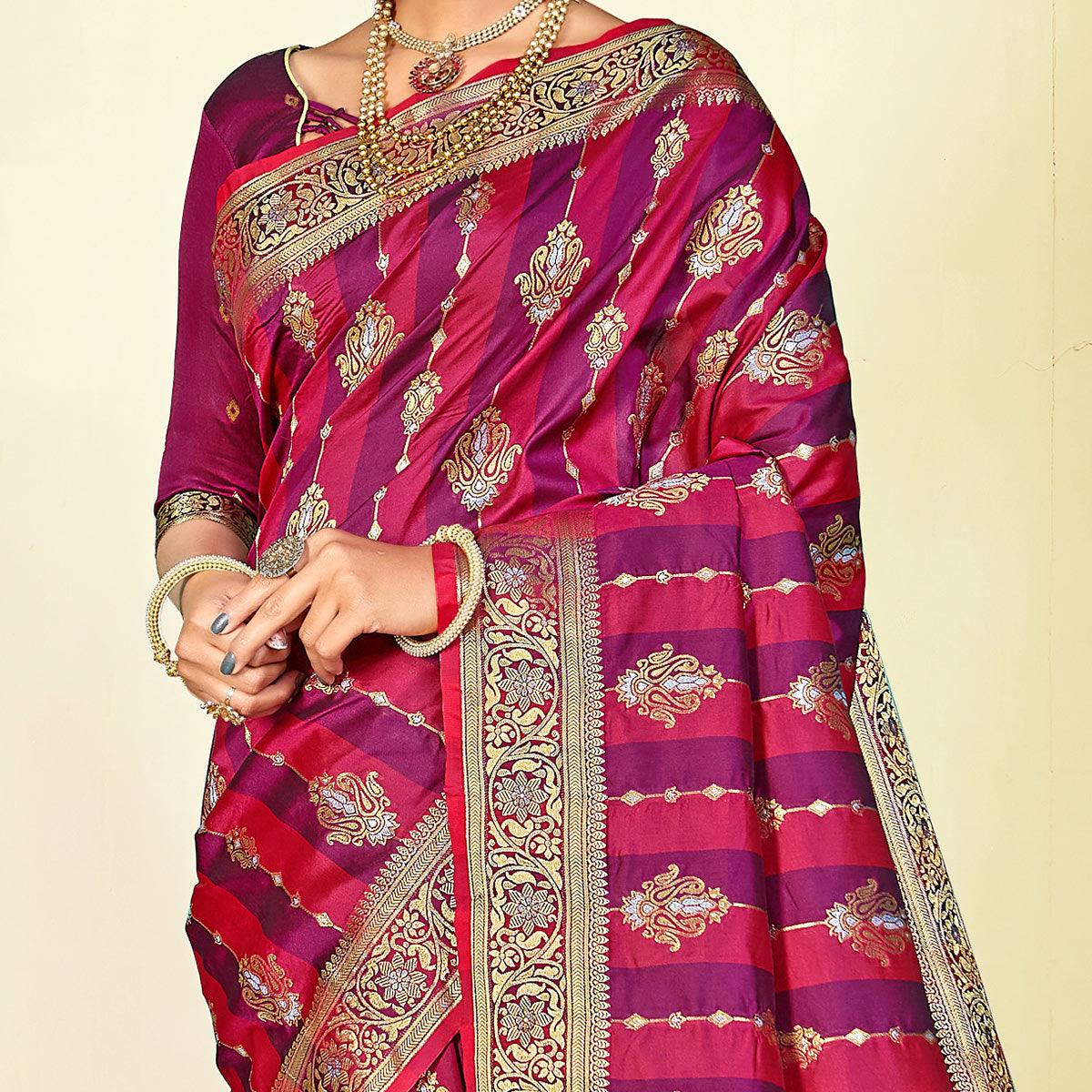 Purple - Pink Festive Wear Woven Handloom Paithani Silk Saree - Peachmode