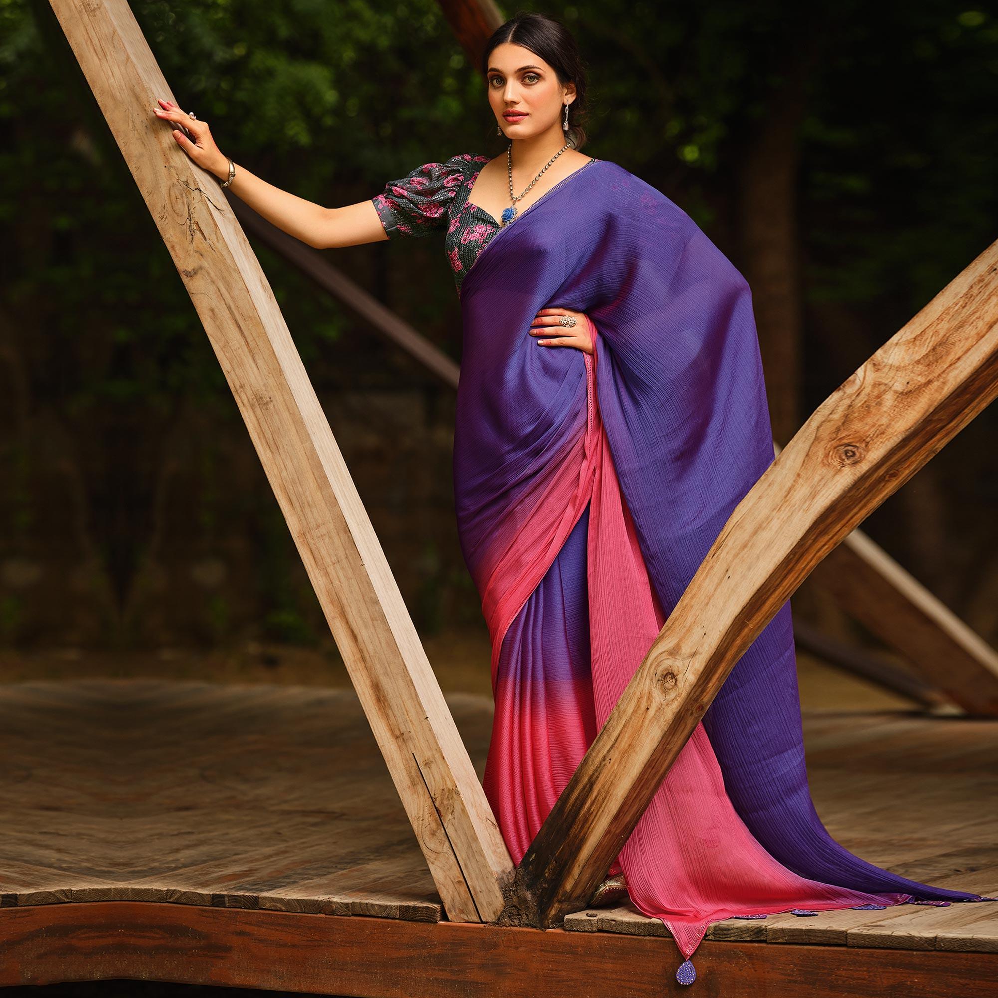 Purple-Pink Solid Chiffon Saree - Peachmode