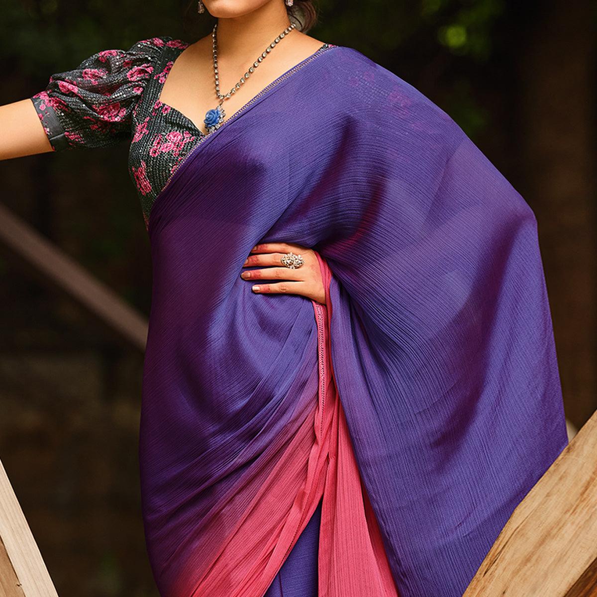 Purple-Pink Solid Chiffon Saree - Peachmode