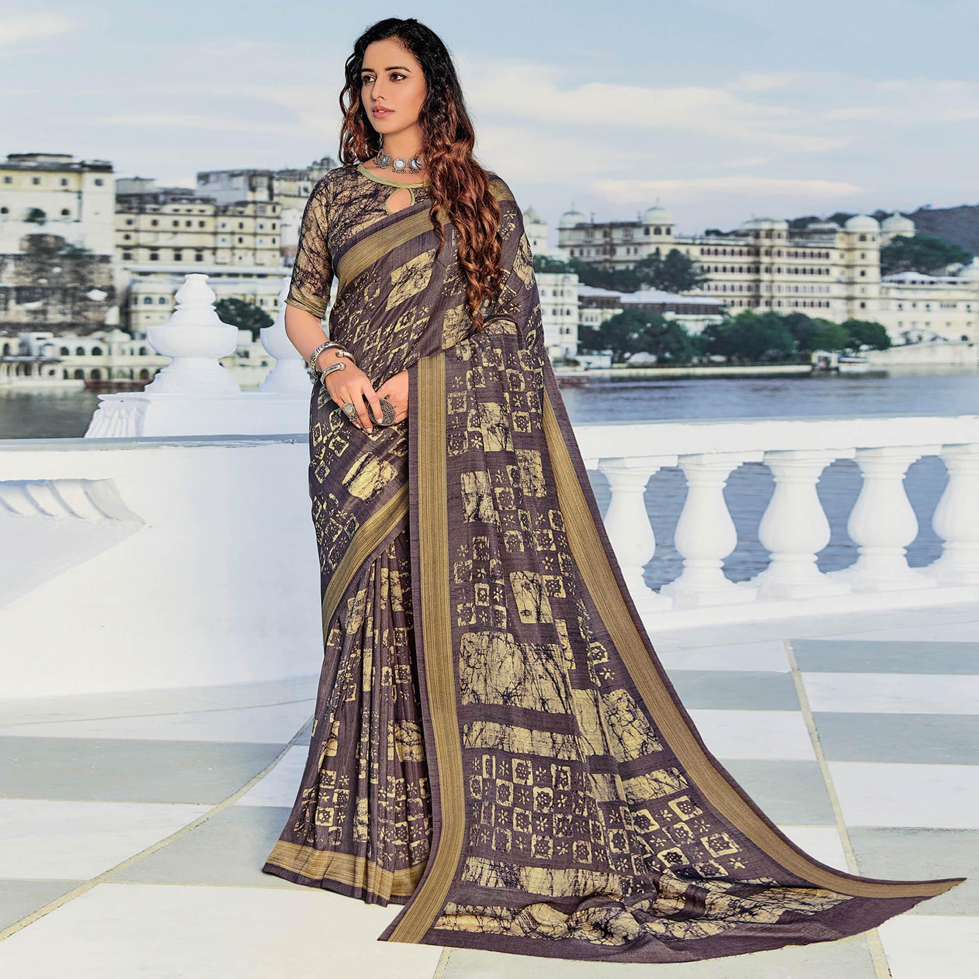 Purple Printed Cotton Silk Saree - Peachmode
