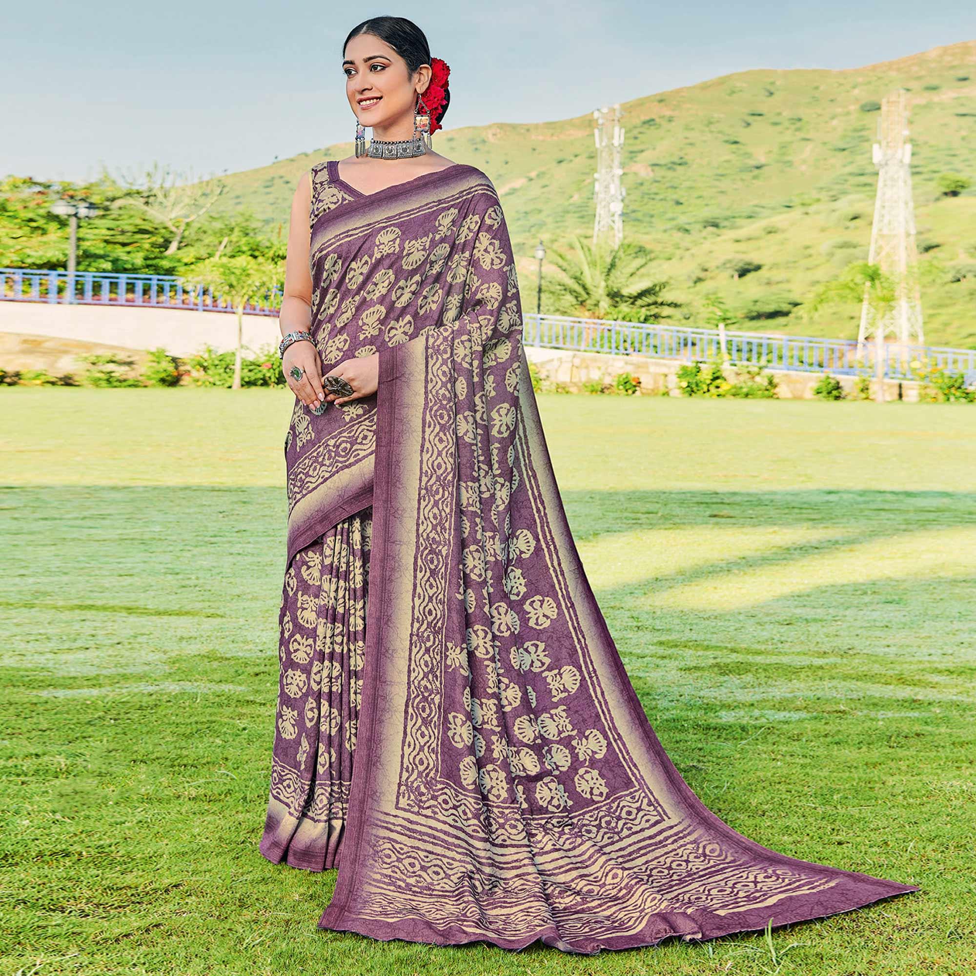 Purple Printed Cotton Silk Saree - Peachmode
