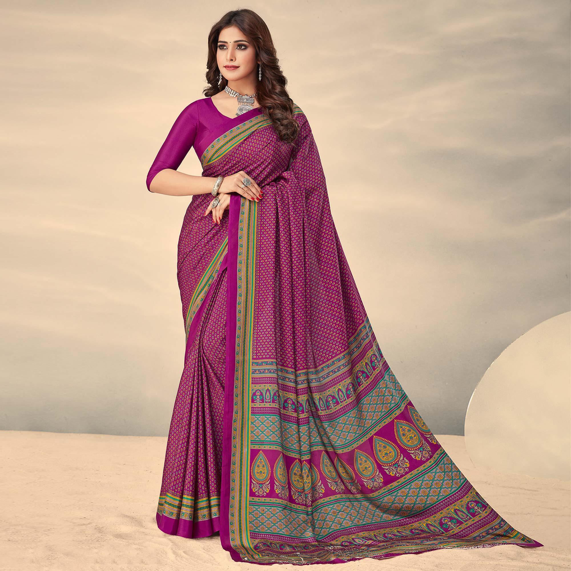 Purple Printed Crepe Saree - Peachmode