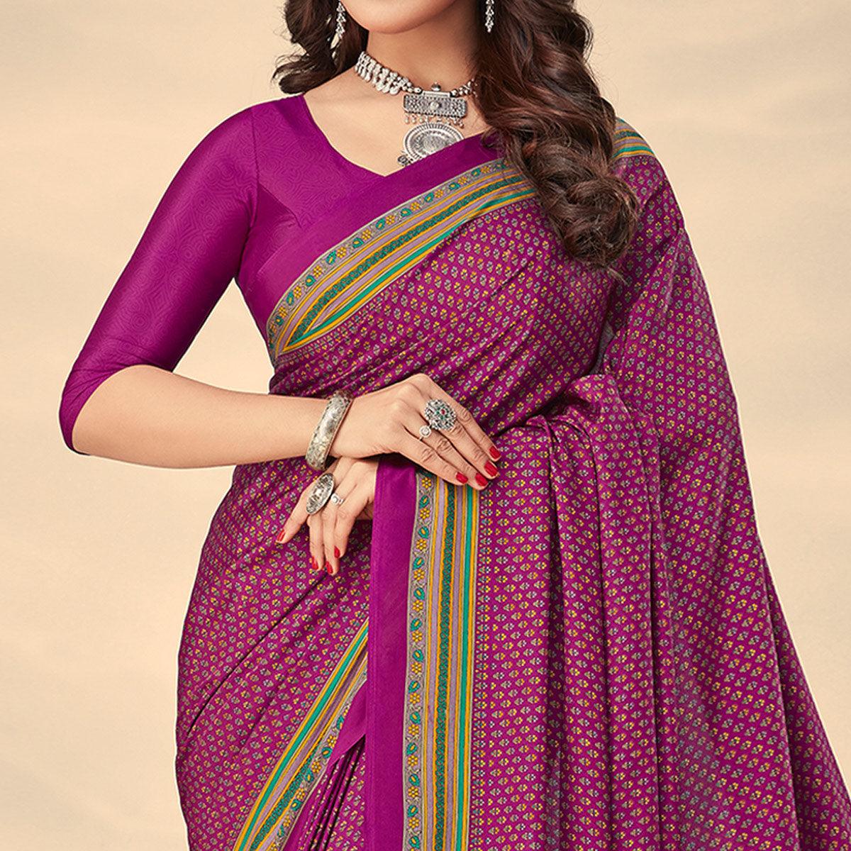 Purple Printed Crepe Saree - Peachmode