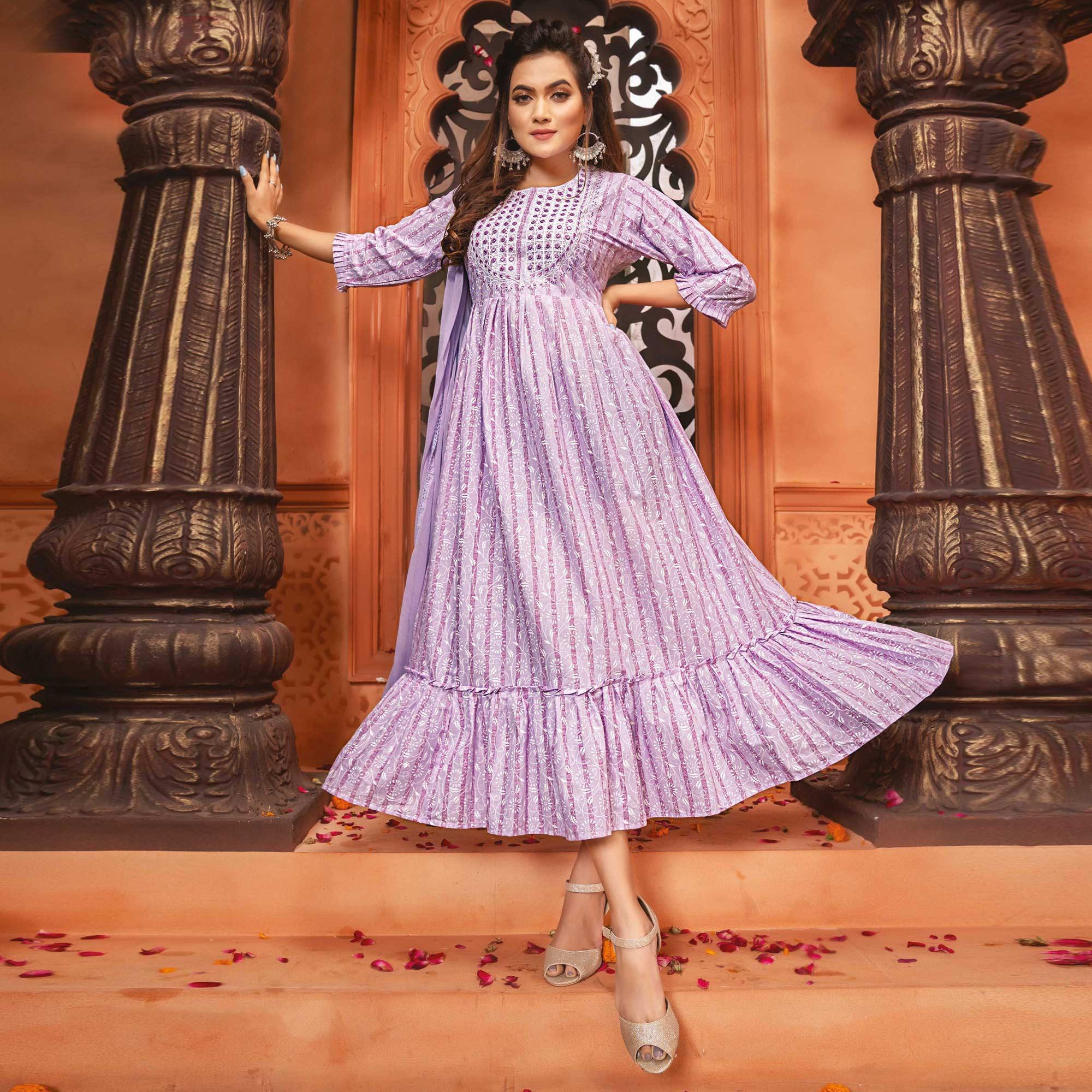 Purple Printed-Embroidered Poly Cotton Gown With Dupatta - Peachmode