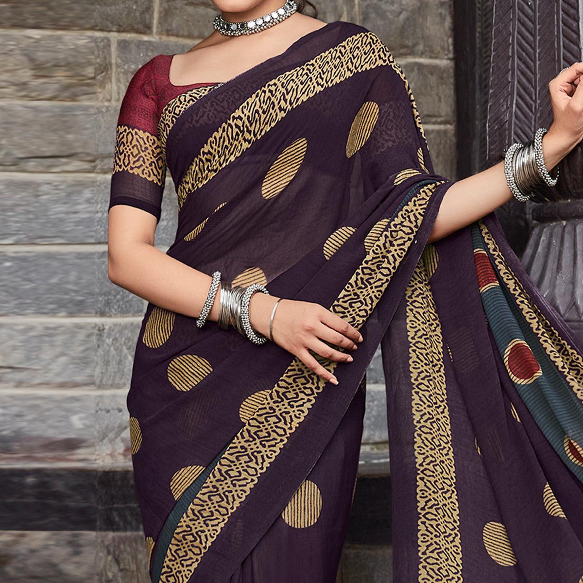 Purple Printed Geoergette Saree - Peachmode