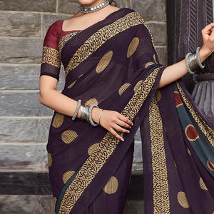 Purple Printed Geoergette Saree - Peachmode