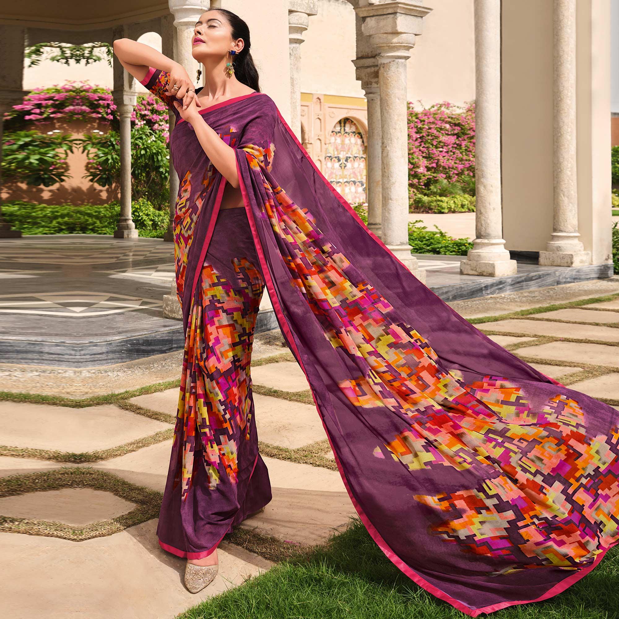 Purple Printed Georgette Saree - Peachmode