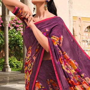 Purple Printed Georgette Saree - Peachmode