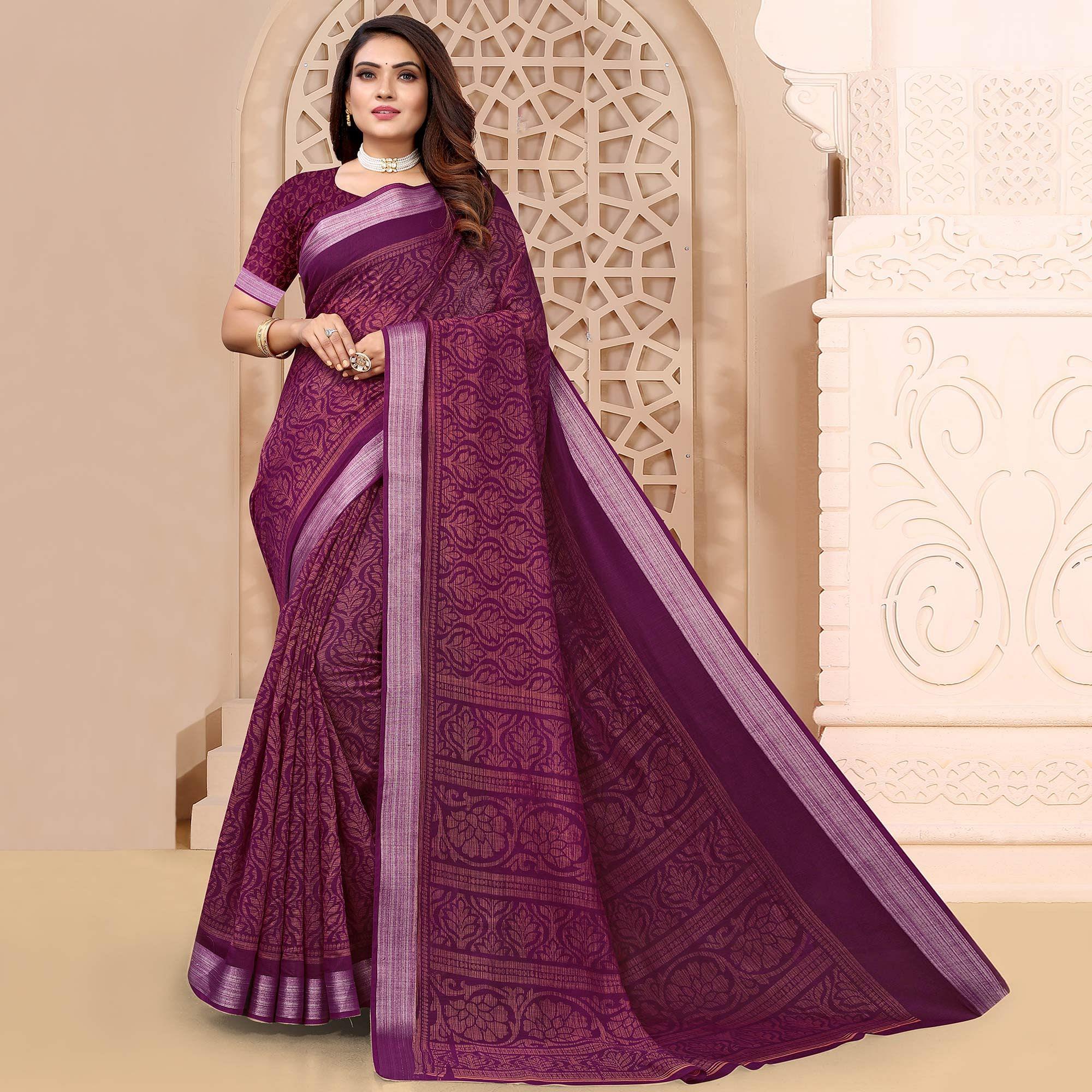 Purple Printed Linen Saree - Peachmode
