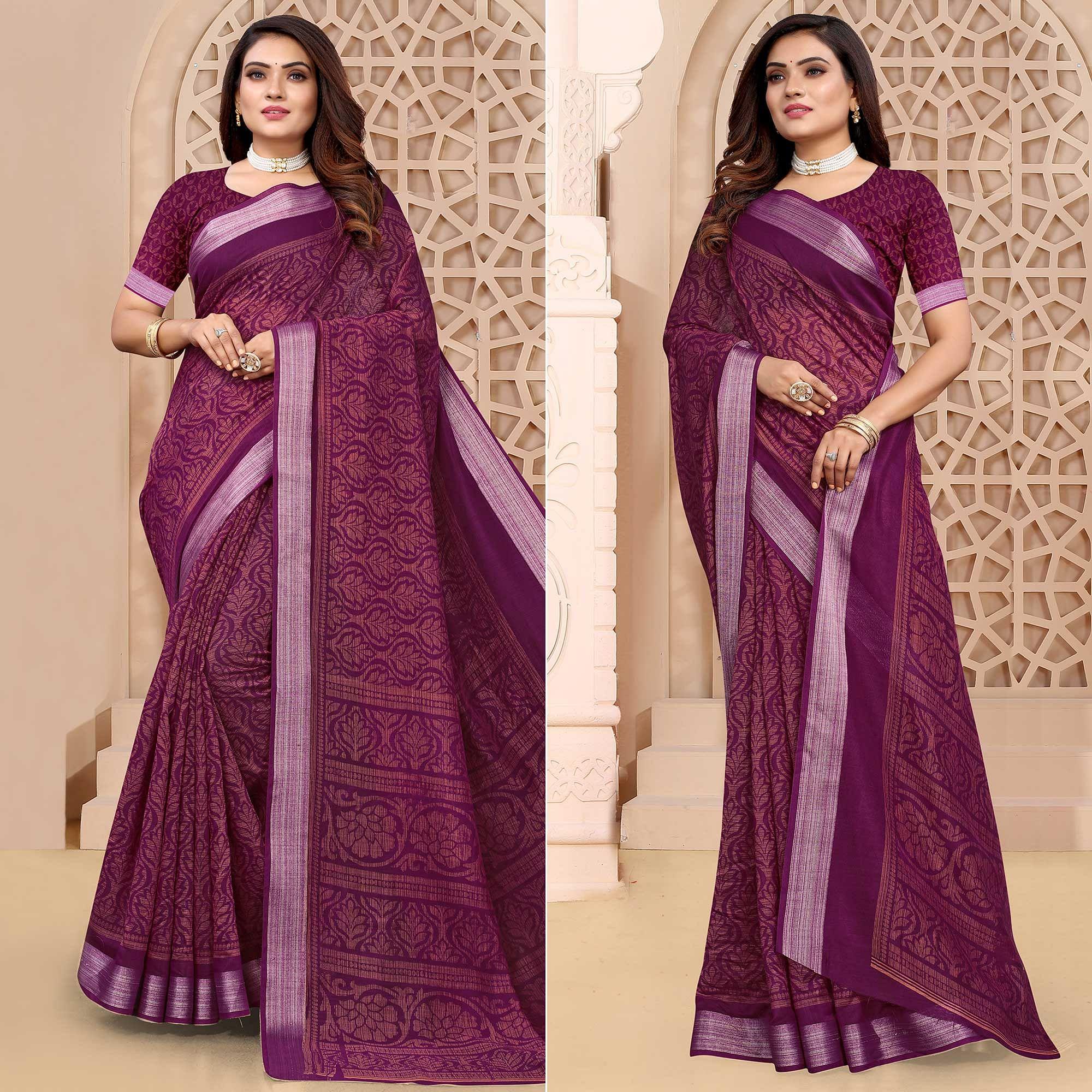 Purple Printed Linen Saree - Peachmode