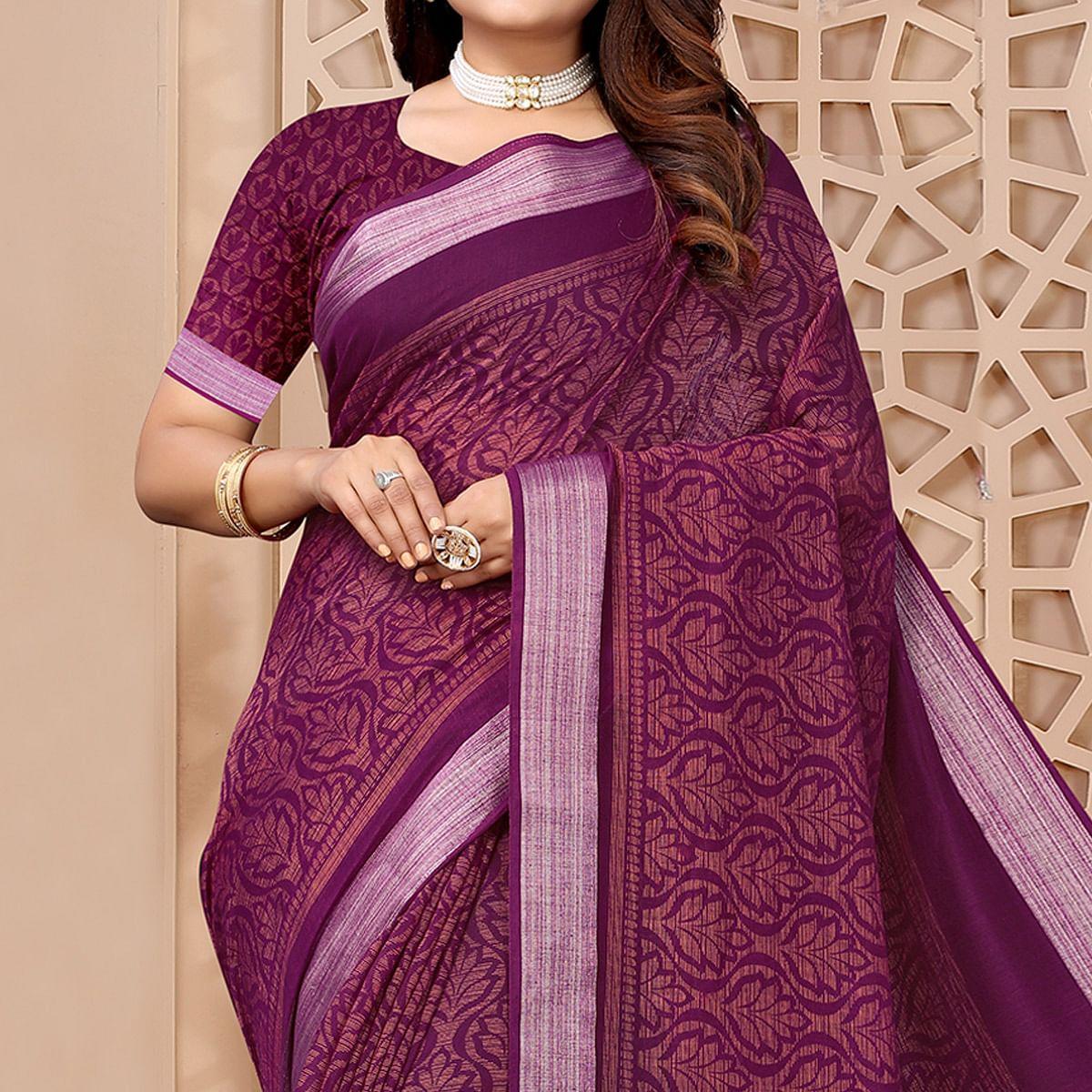 Purple Printed Linen Saree - Peachmode