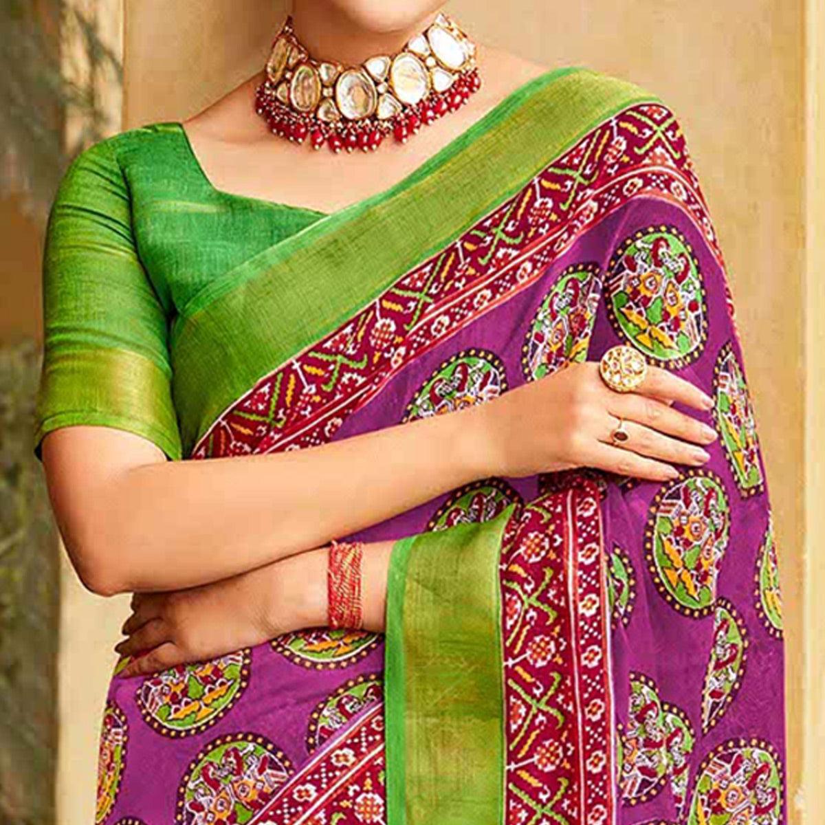 Purple Printed Linen Saree - Peachmode