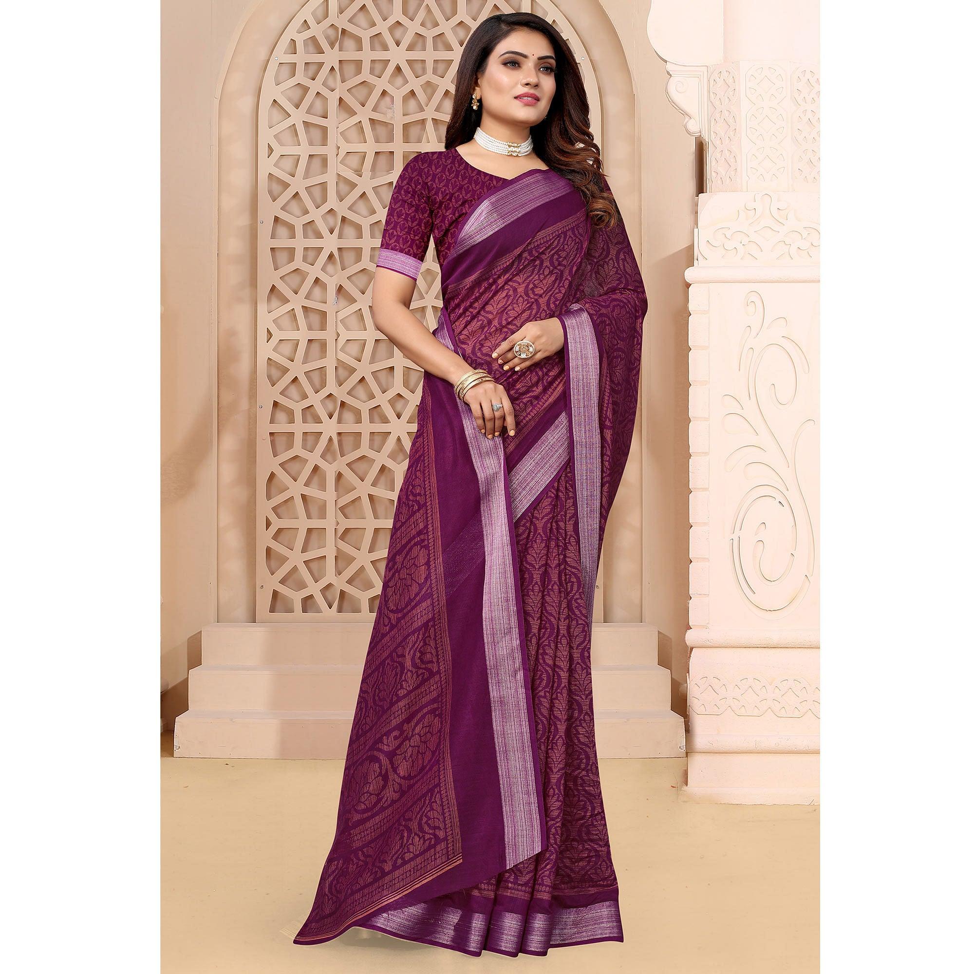 Purple Printed Linen Saree - Peachmode