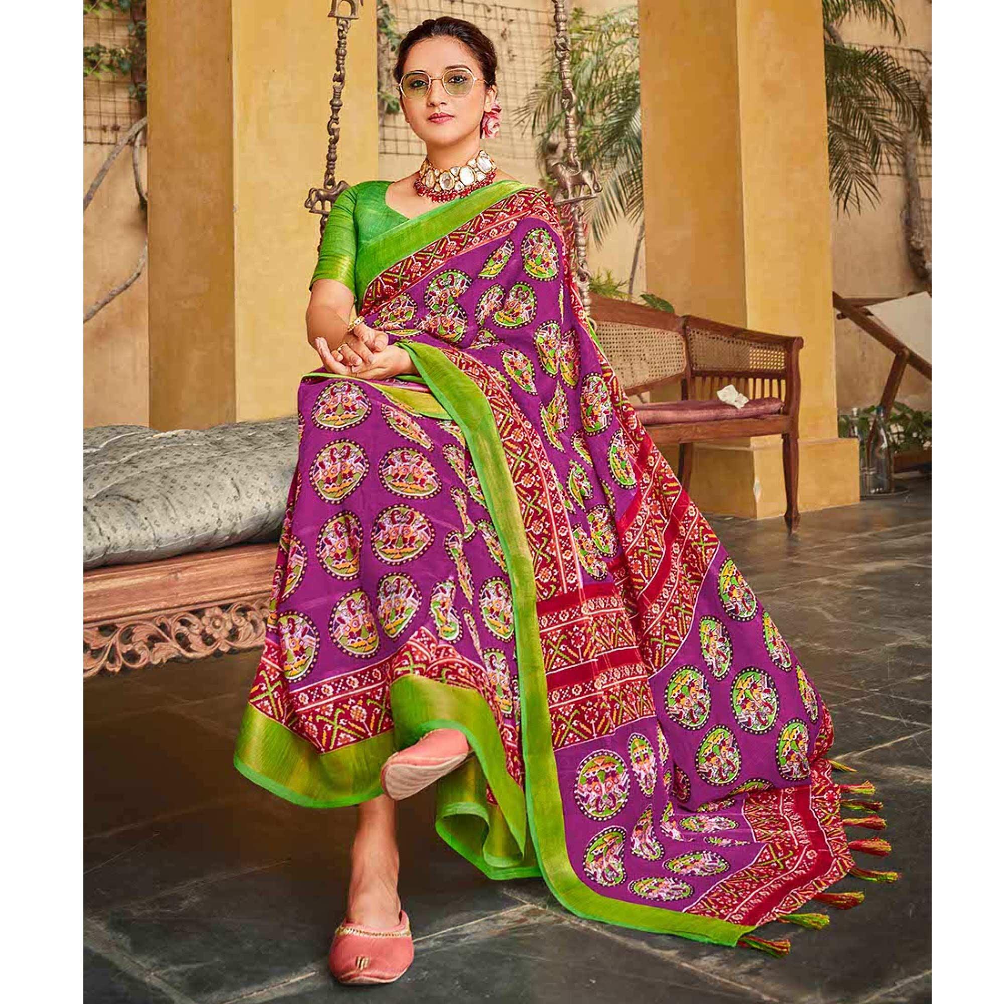 Purple Printed Linen Saree - Peachmode