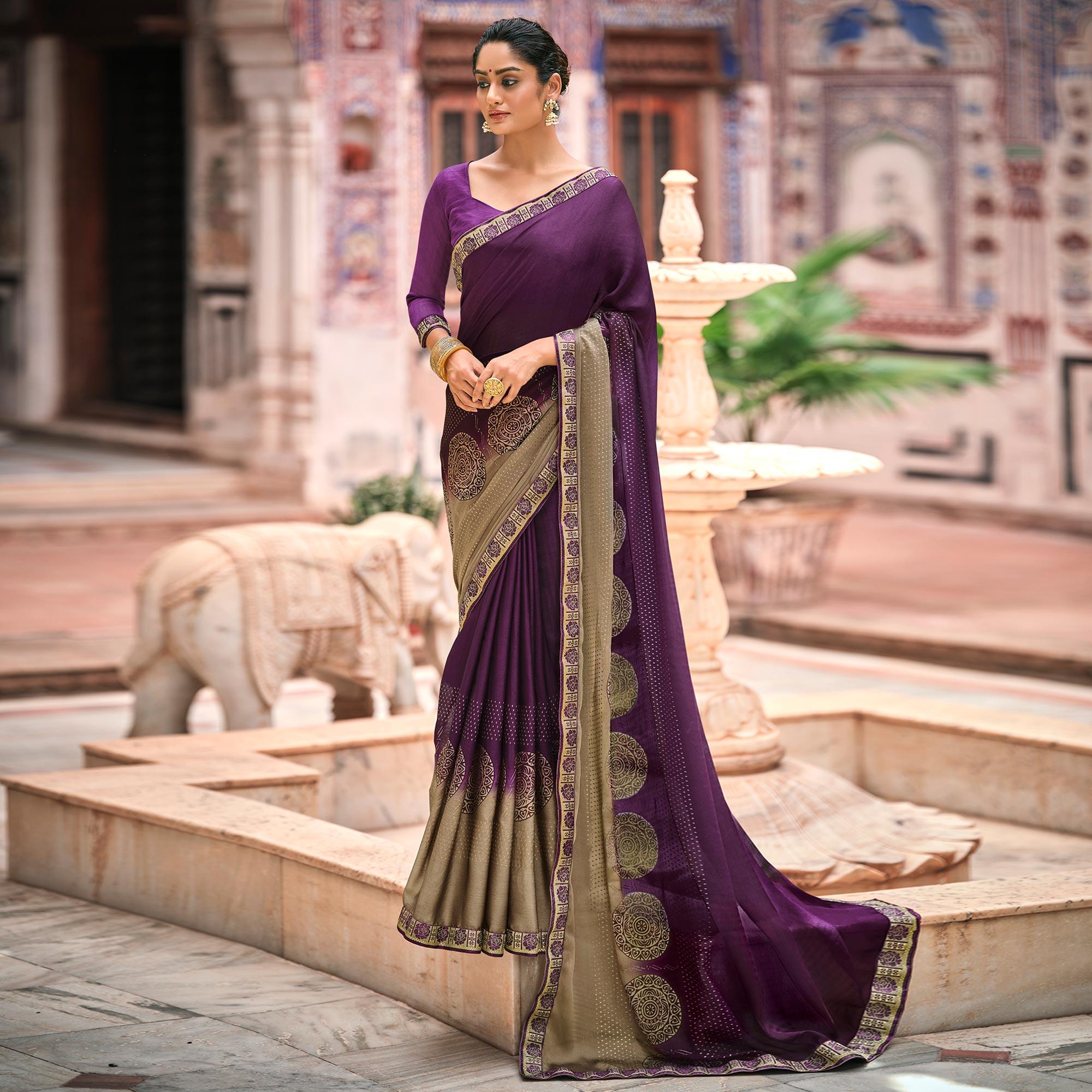 Purple Printed Moss Saree With Fancy Zari Border - Peachmode