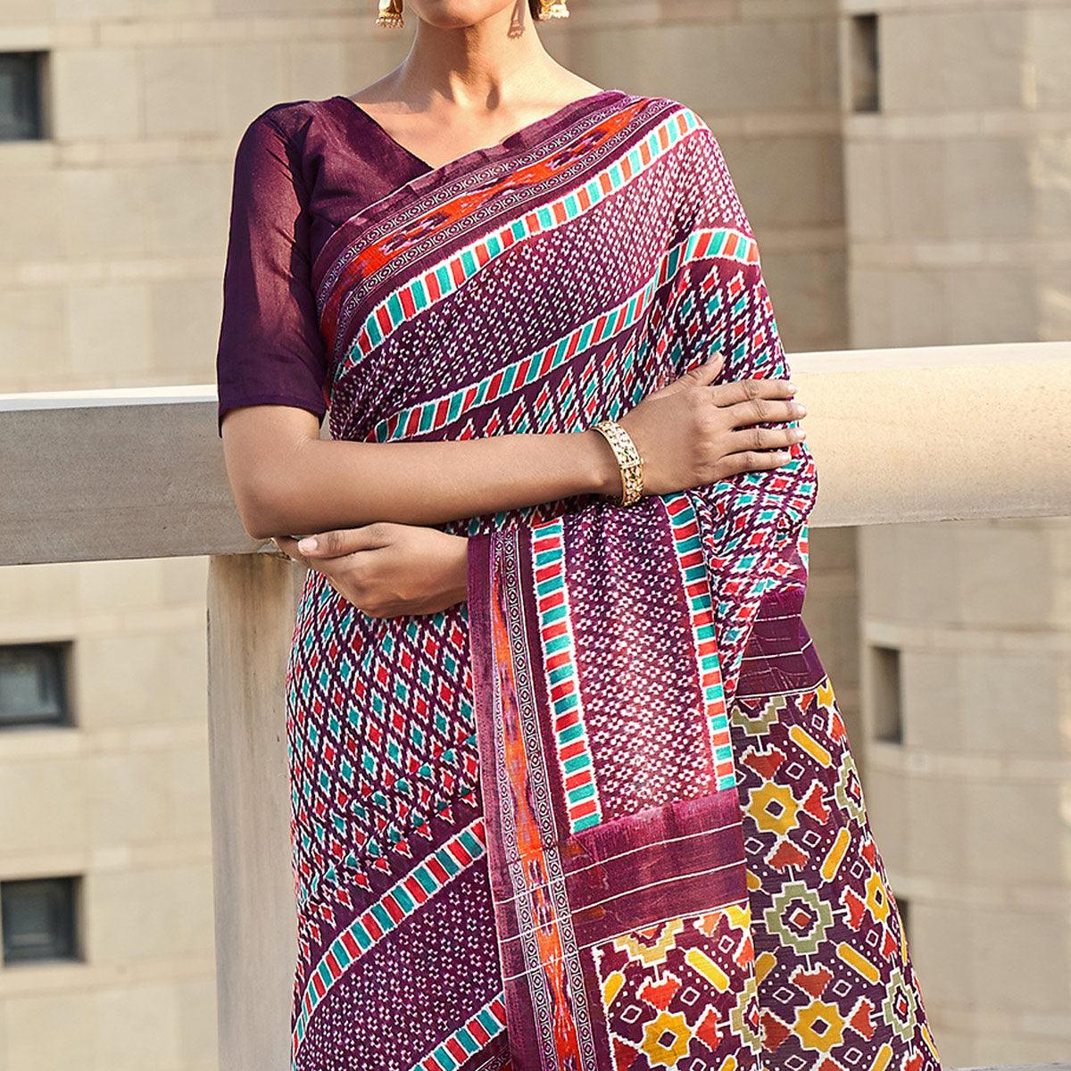 Purple Printed Poly Cotton Saree - Peachmode