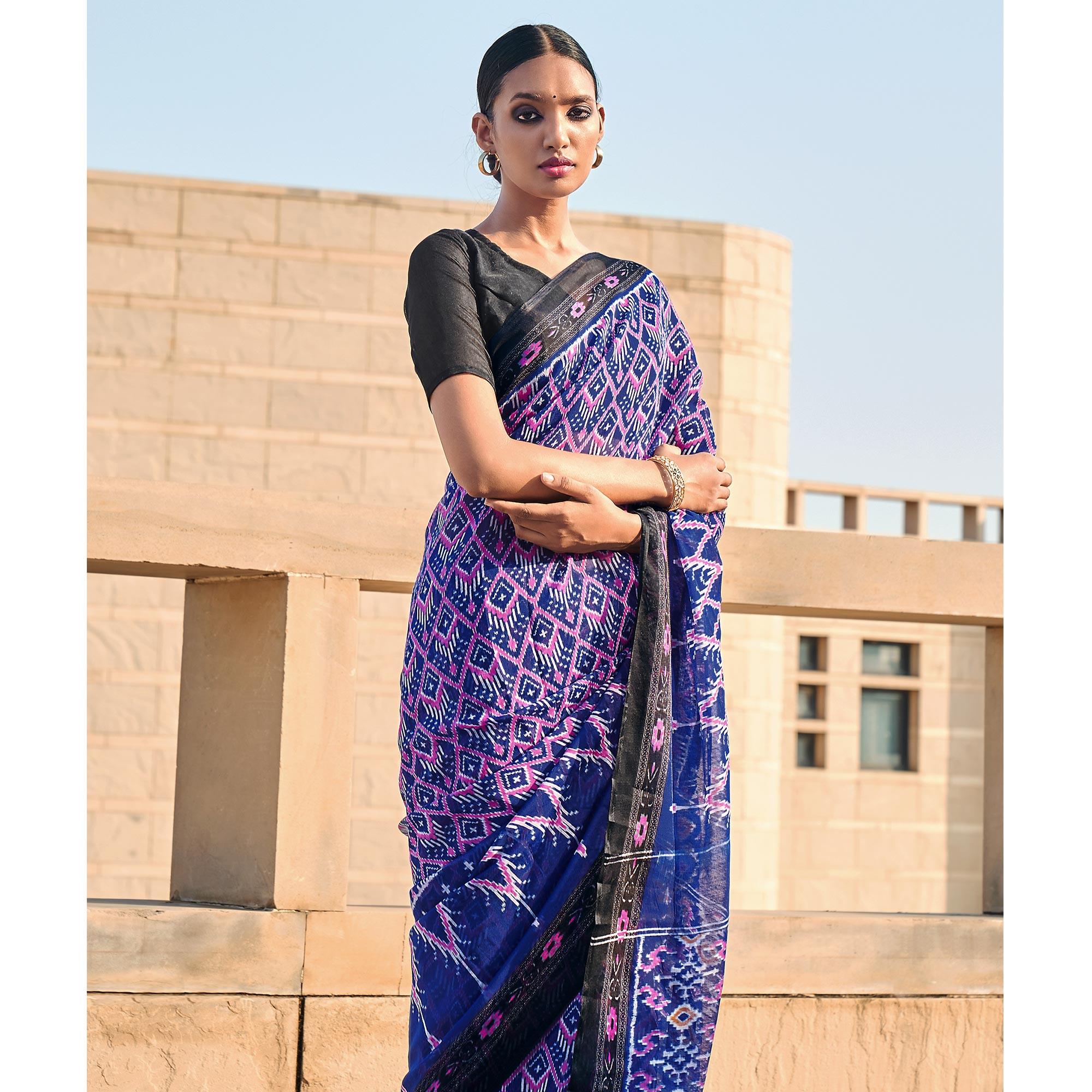 Purple Printed Poly Cotton Saree - Peachmode