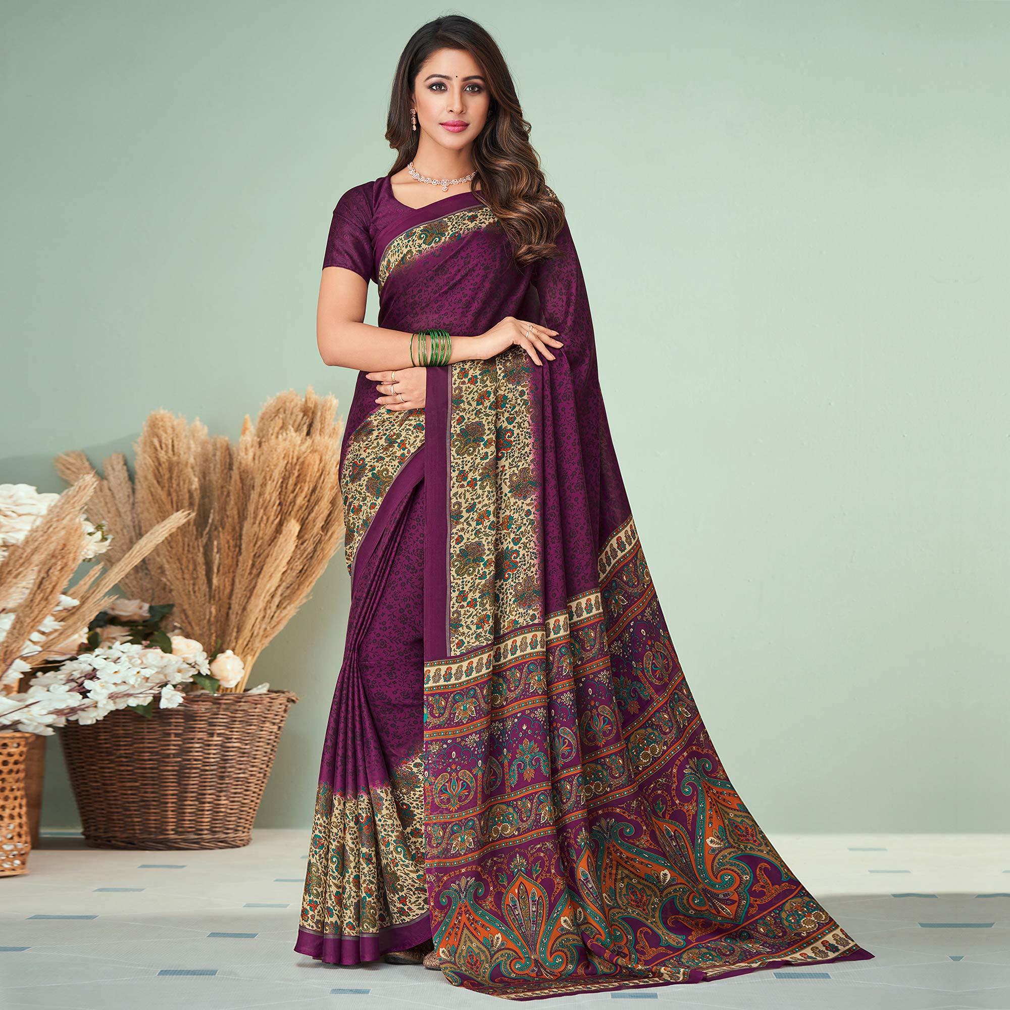 Purple Printed Raw Silk Saree - Peachmode