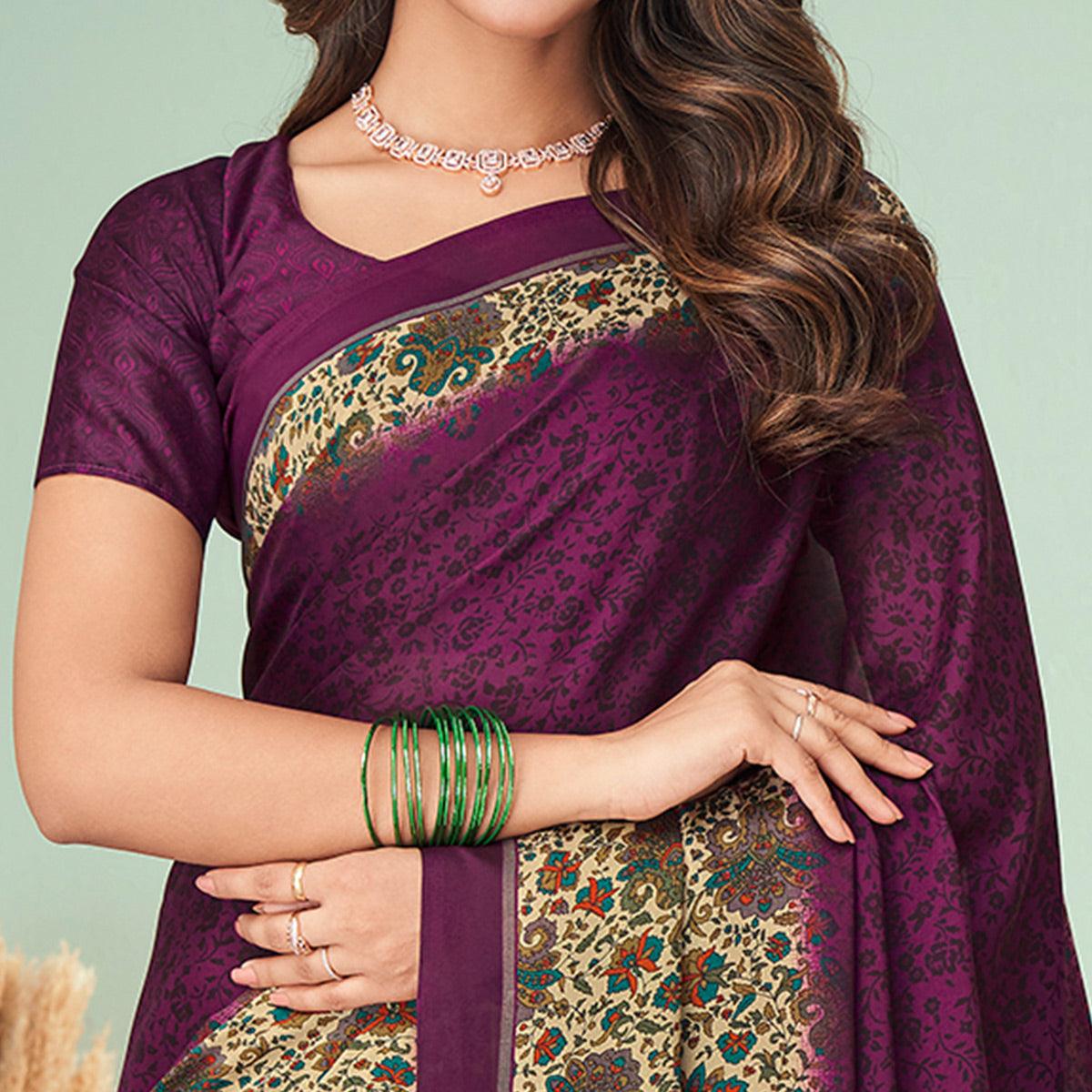 Purple Printed Raw Silk Saree - Peachmode