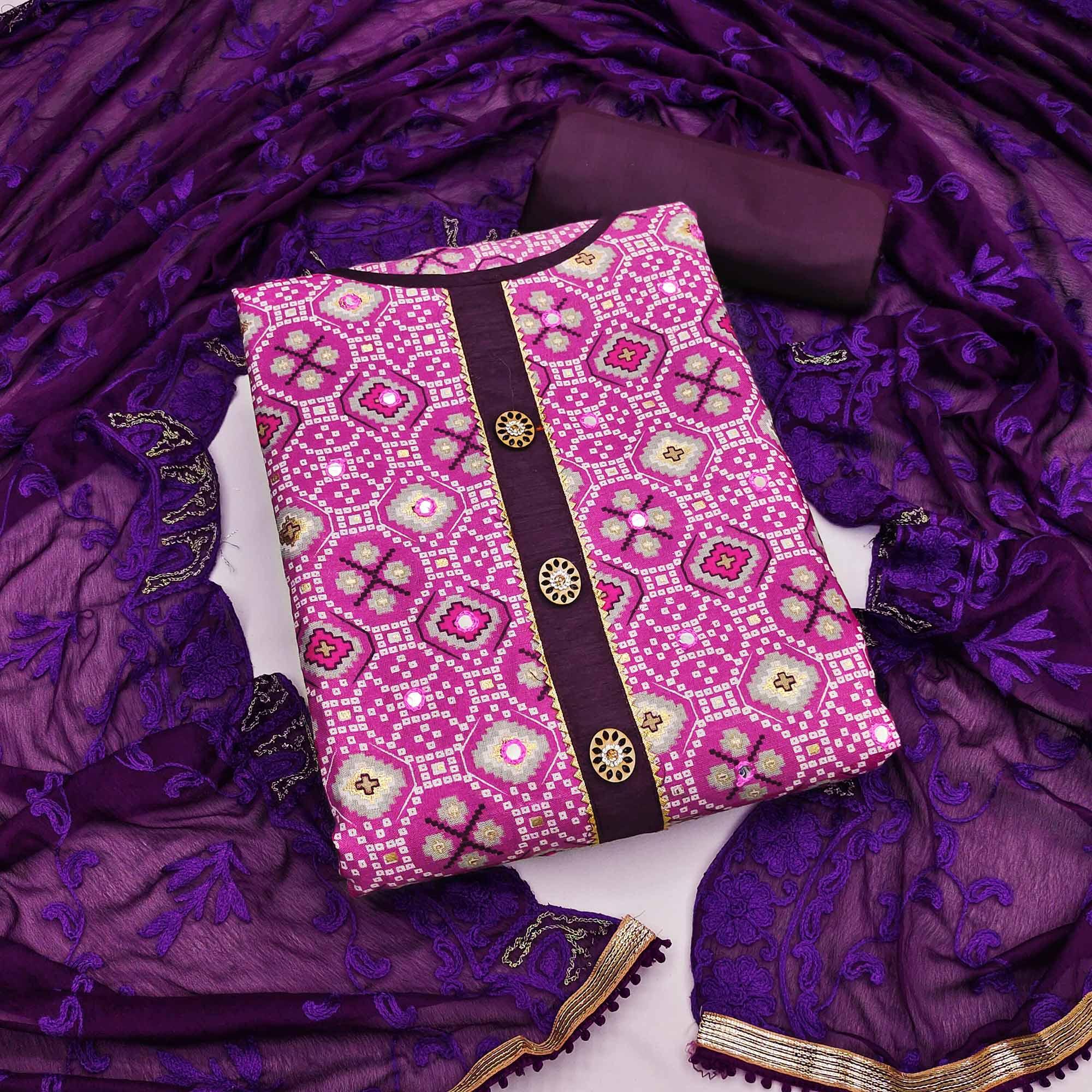 Purple Printed With Embroidered Poly Cotton Dress Material - Peachmode