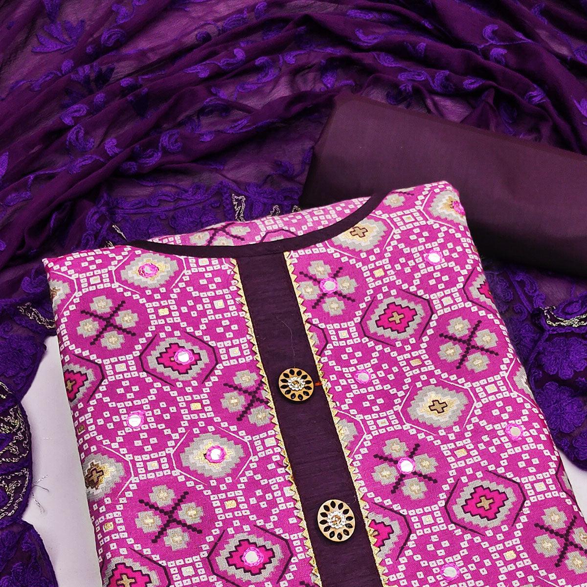 Purple Printed With Embroidered Poly Cotton Dress Material - Peachmode