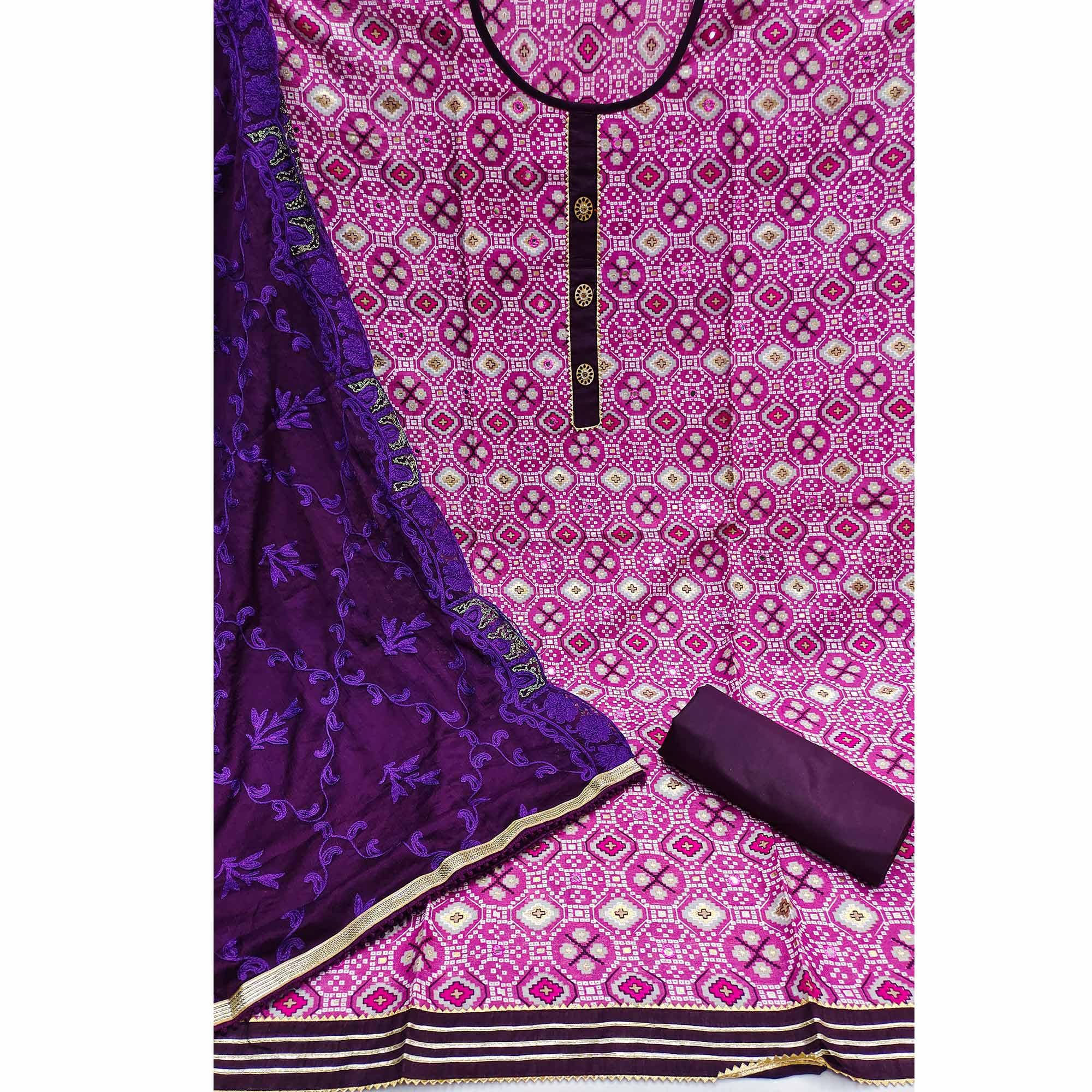Purple Printed With Embroidered Poly Cotton Dress Material - Peachmode