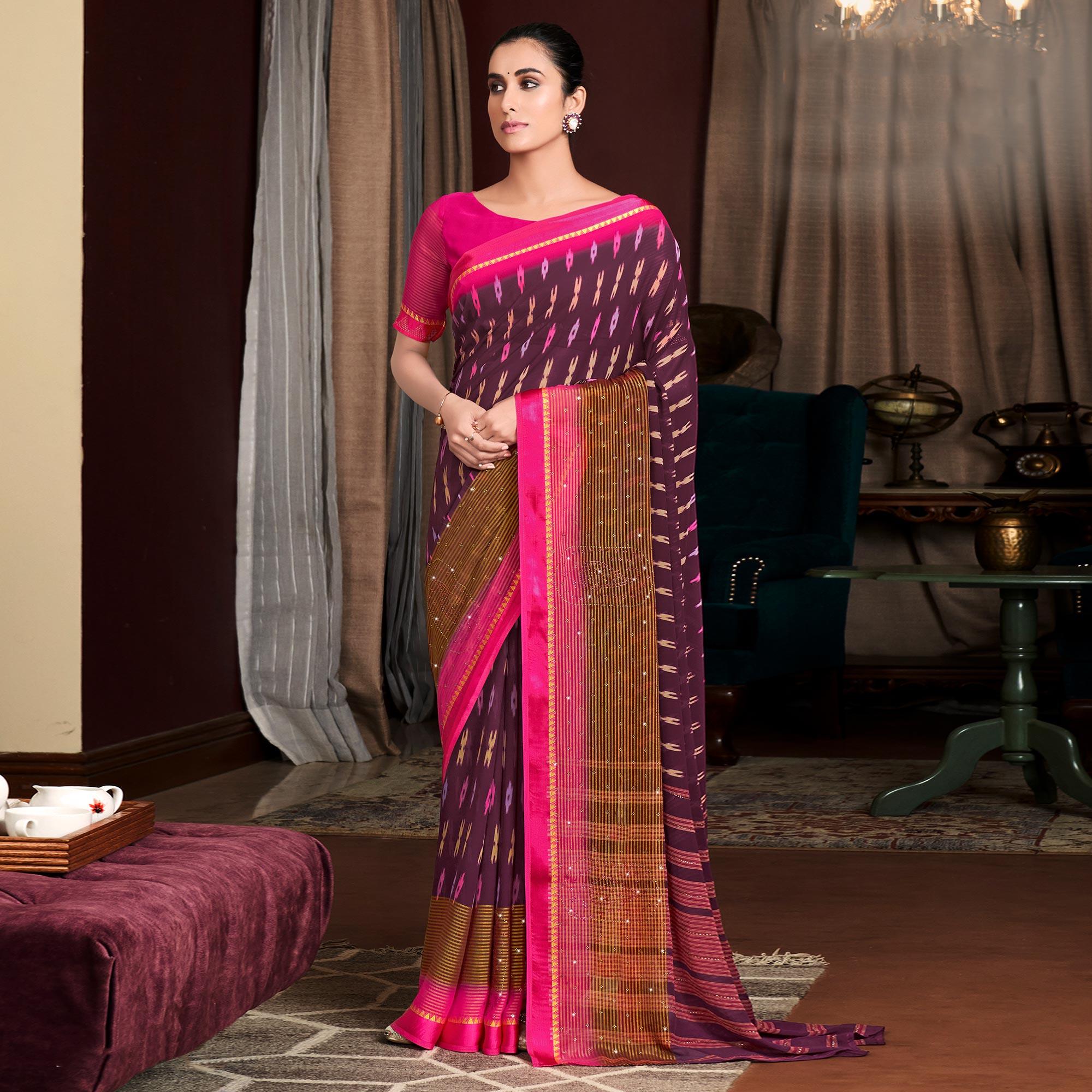 Purple Printed With Swarovski Work Georgette Saree - Peachmode