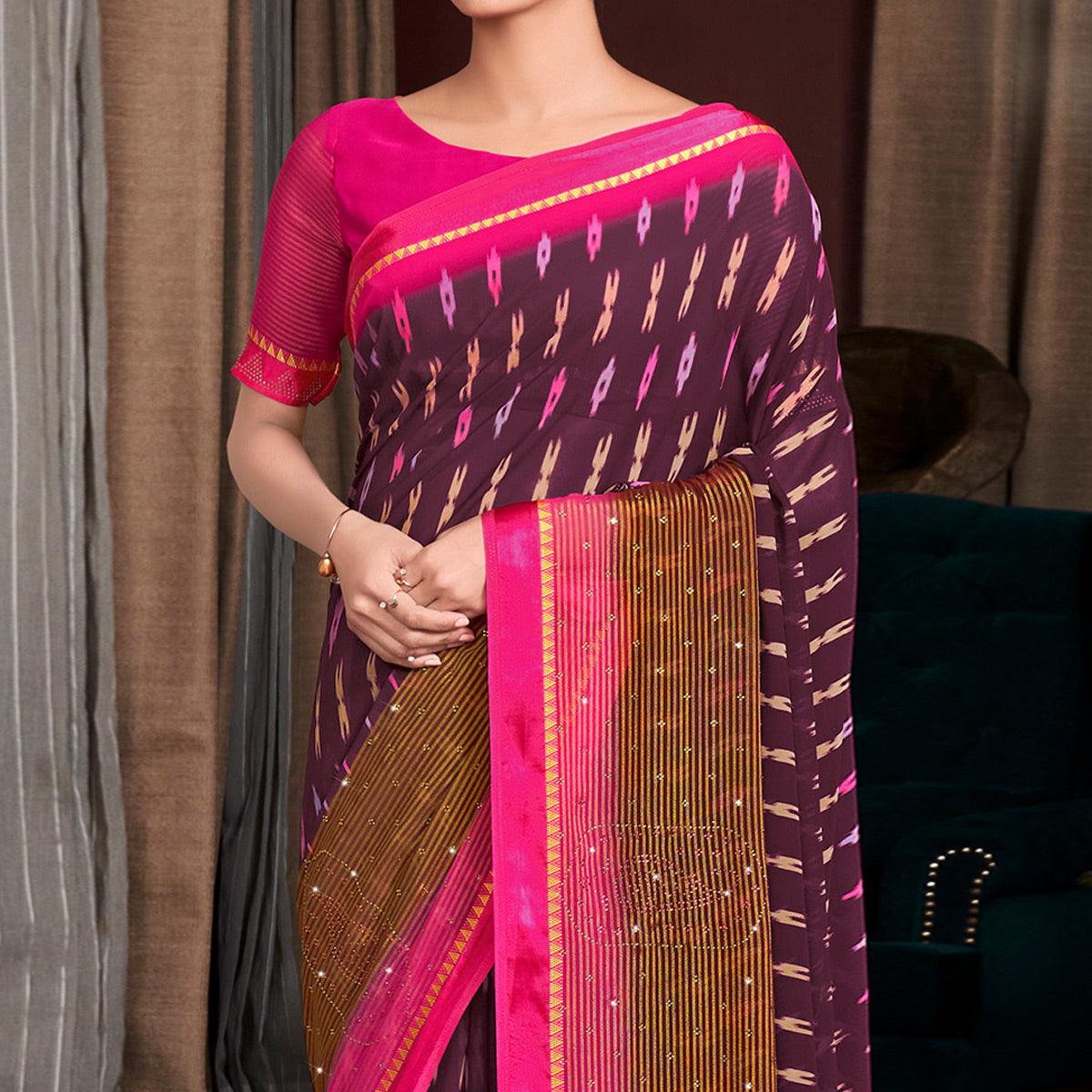 Purple Printed With Swarovski Work Georgette Saree - Peachmode
