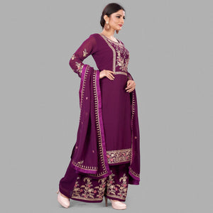 Purple Semi Party Wear Embroidered Heavy Georgette Palazzo Suit - Peachmode