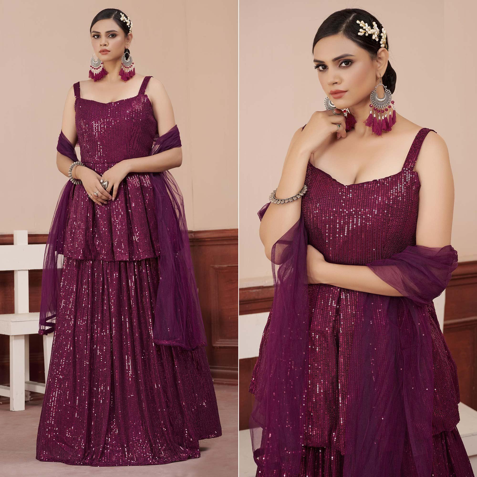 Purple Sequence Embroidered Art Silk Lehenga Choli - Peachmode